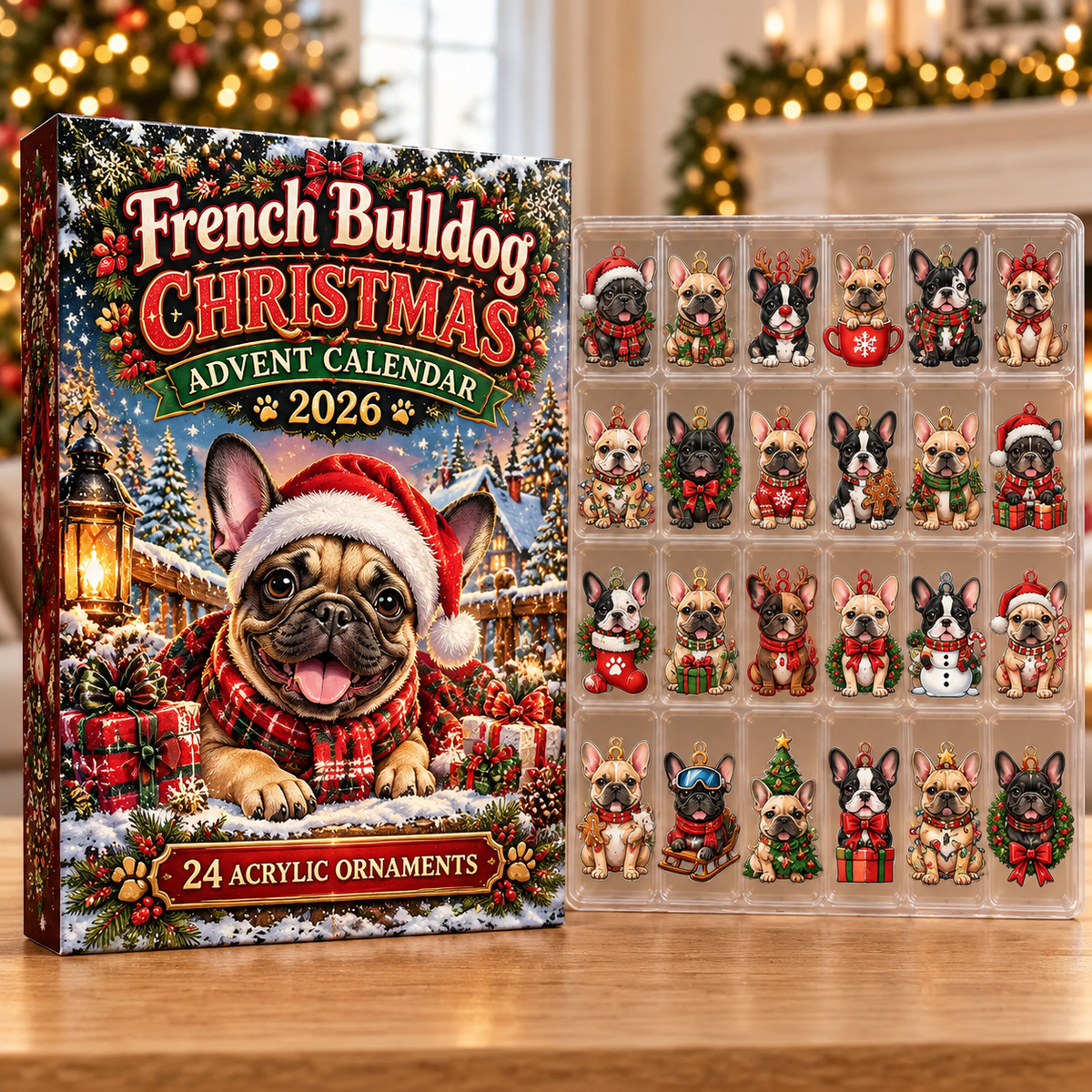 French Bulldog Evergreen Advent Calendar HFN Gen Acrylic Ornaments, Christmas Tree Hanging Decor