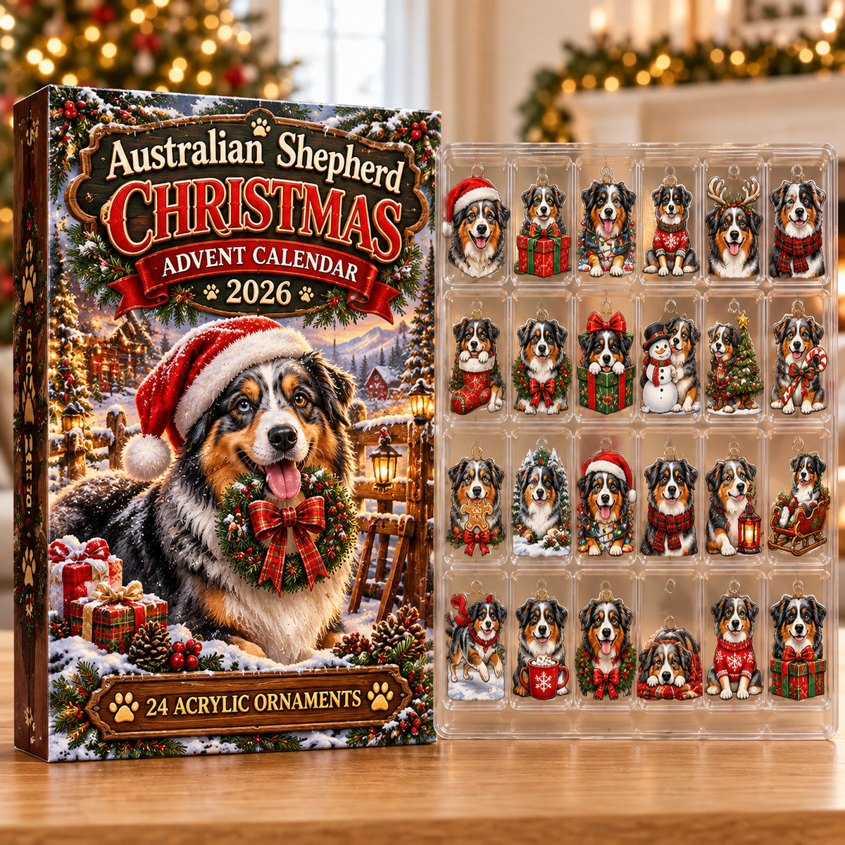 Australian Shepherd Evergreen Advent Calendar HFN Gen Acrylic Ornaments, Christmas Tree Hanging Decor