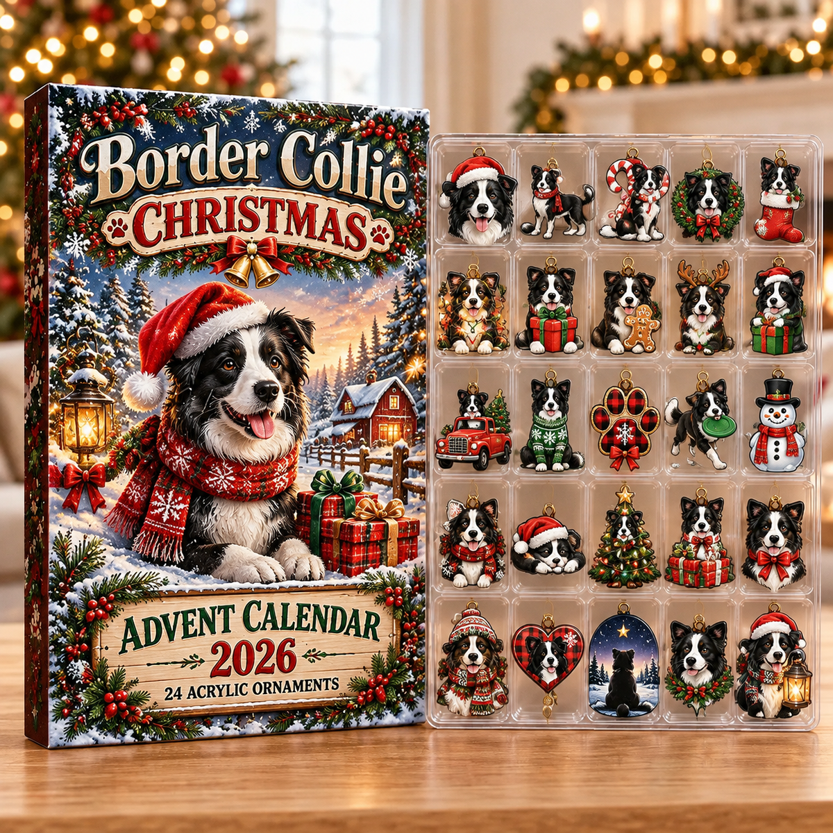 Border Collie Evergreen Advent Calendar HFN Gen Acrylic Ornaments, Christmas Tree Hanging Decor