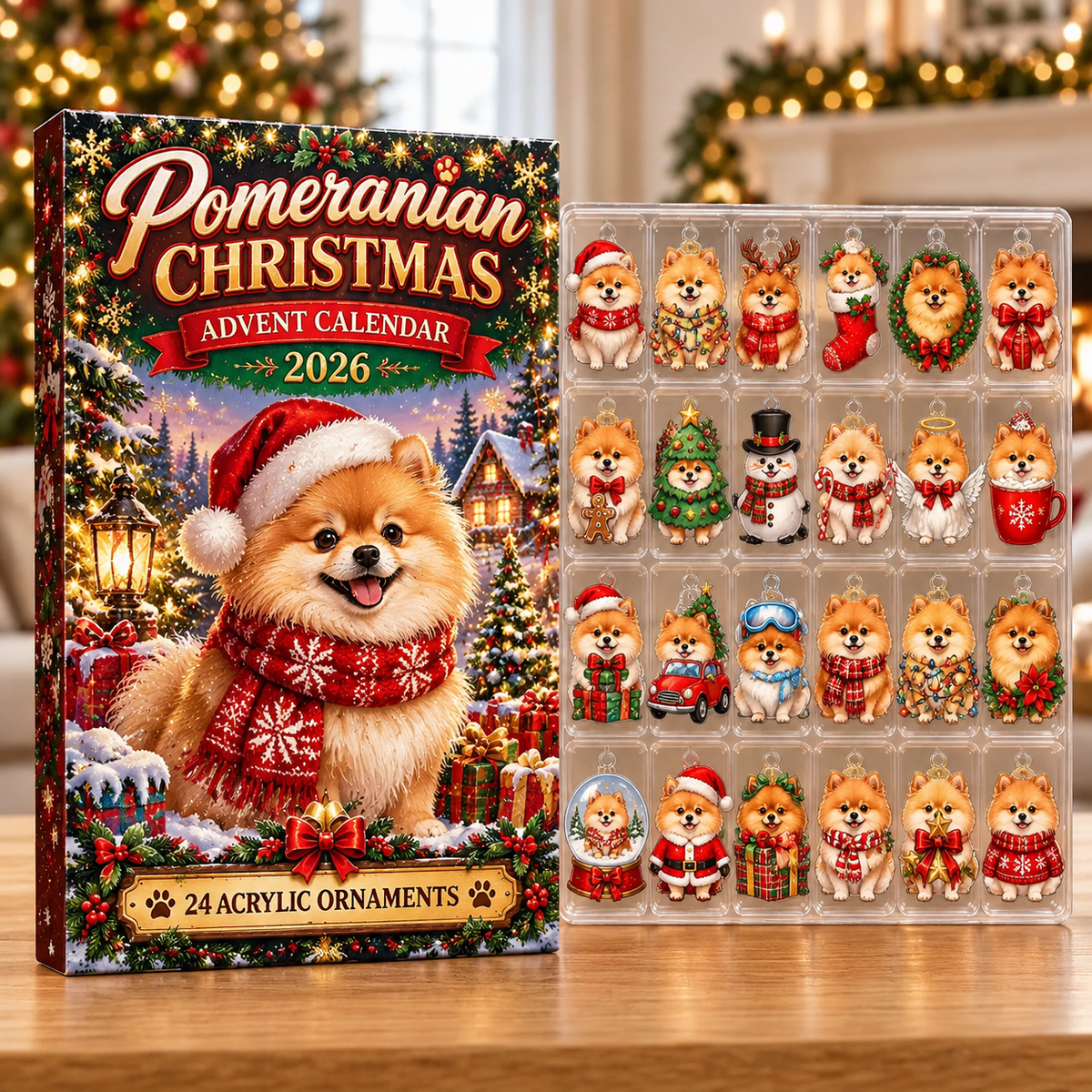Pomeranian Evergreen Advent Calendar HFN Gen Acrylic Ornaments, Christmas Tree Hanging Decor