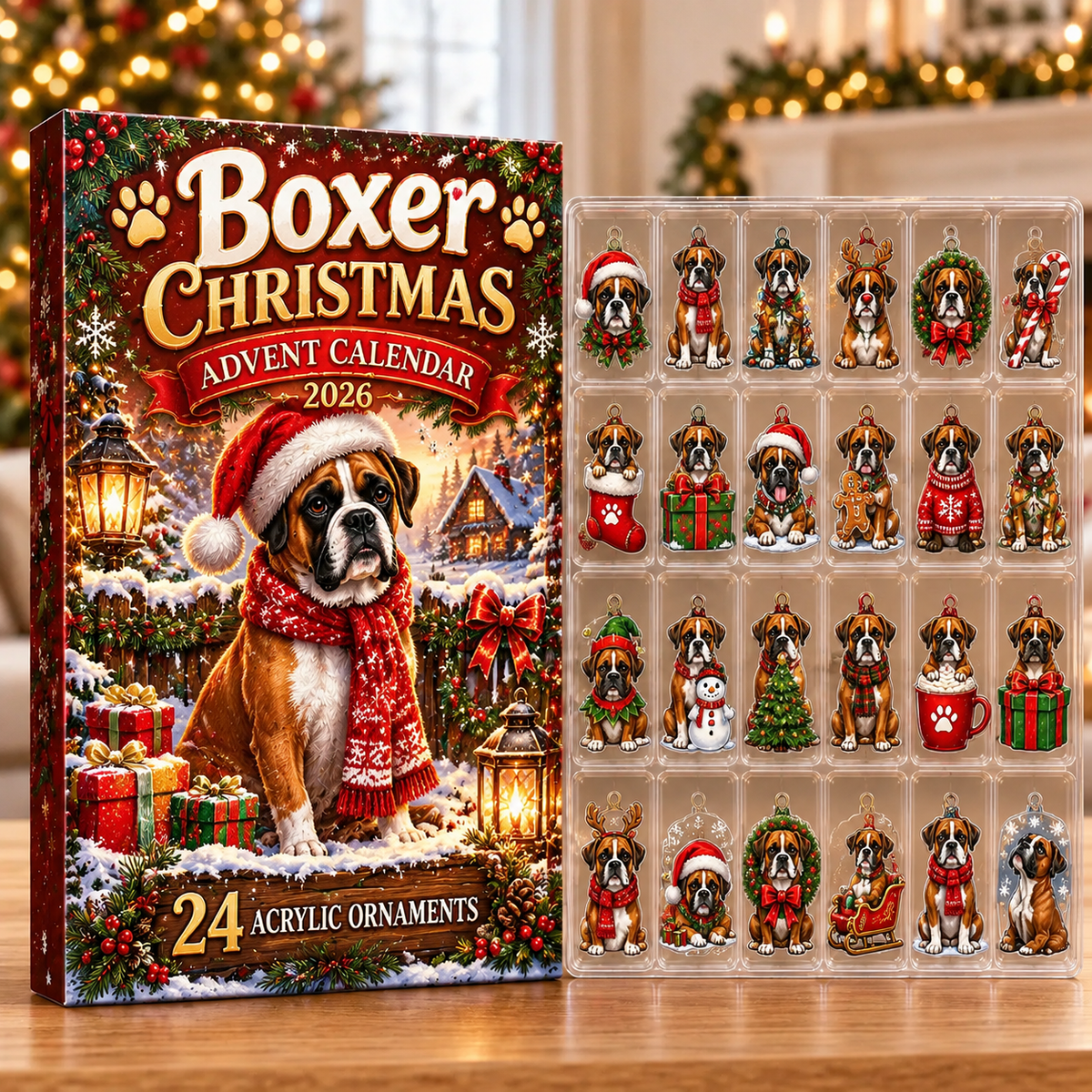 Boxer Evergreen Advent Calendar HFN Gen Acrylic Ornaments, Christmas Tree Hanging Decor