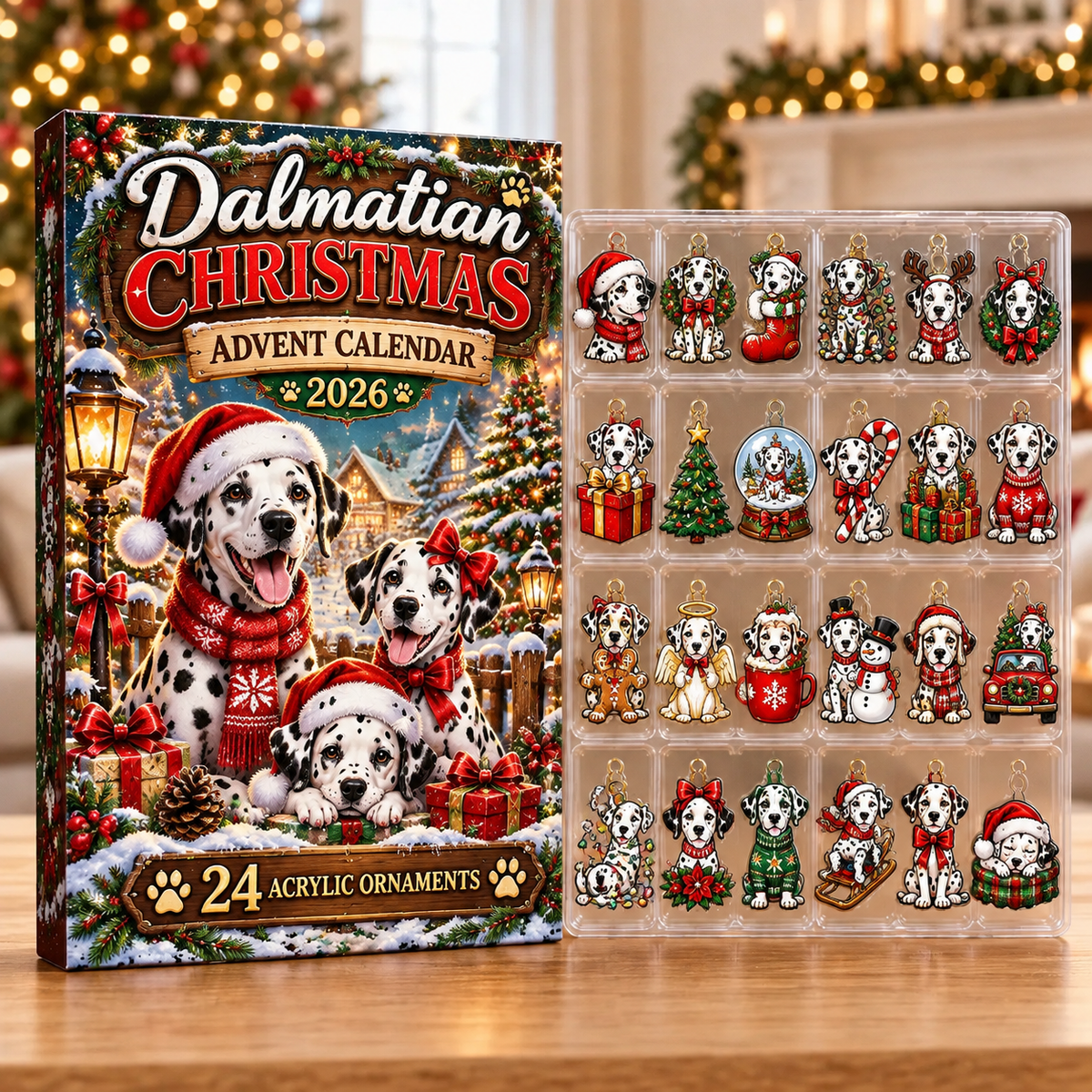 Dalmatian Evergreen Advent Calendar HFN Gen Acrylic Ornaments, Christmas Tree Hanging Decor