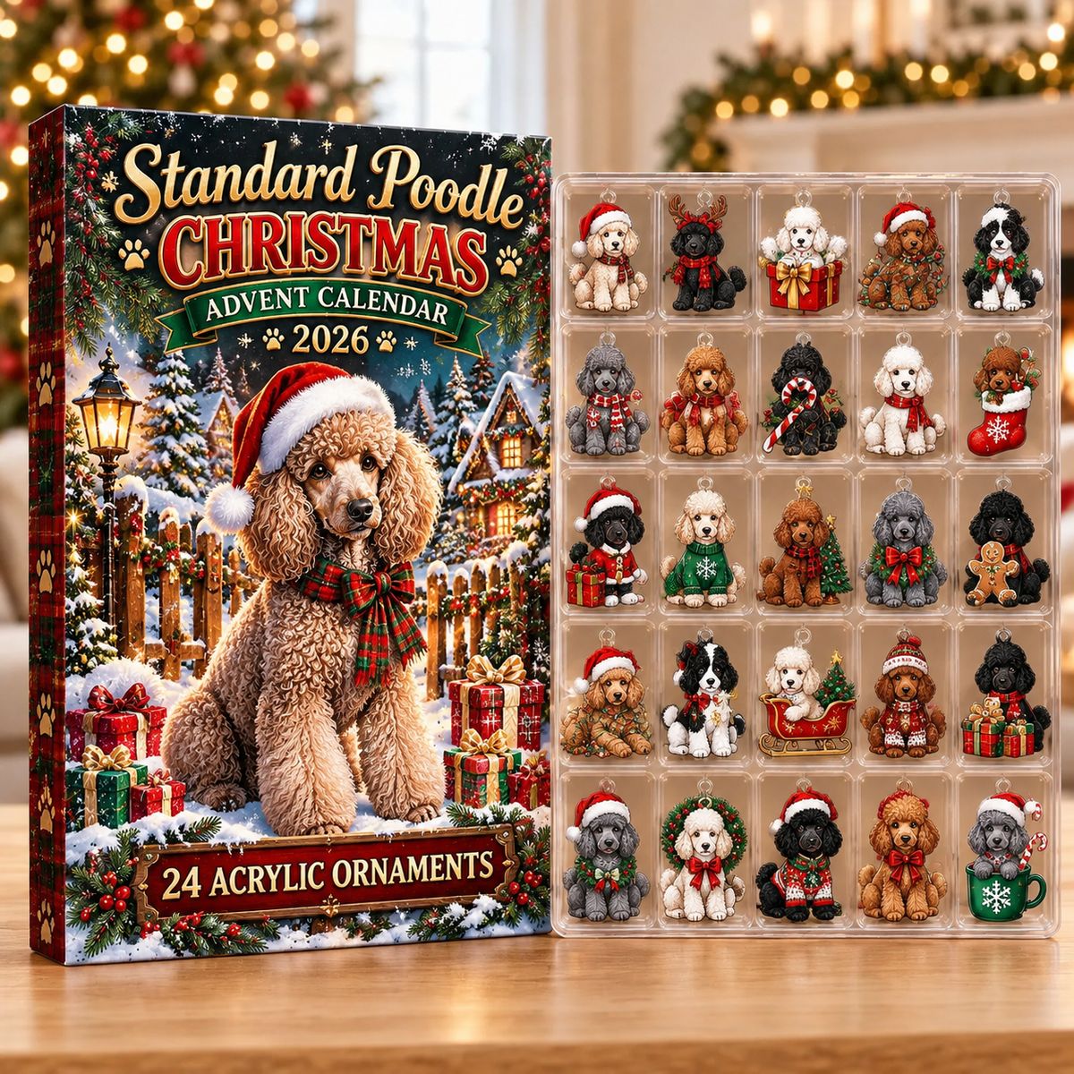 Standard Poodle Evergreen Advent Calendar HFN Gen Acrylic Ornaments, Christmas Tree Hanging Decor