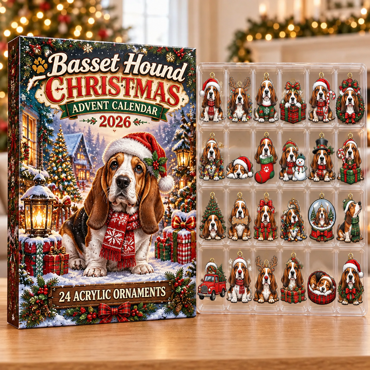 Basset Hound Evergreen Advent Calendar HFN Gen Acrylic Ornaments, Christmas Tree Hanging Decor