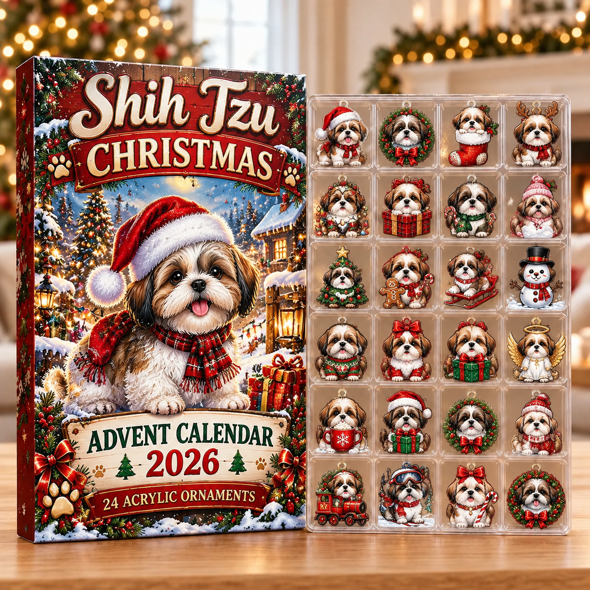 Shih Tzu Evergreen Advent Calendar HFN Gen Acrylic Ornaments, Christmas Tree Hanging Decor