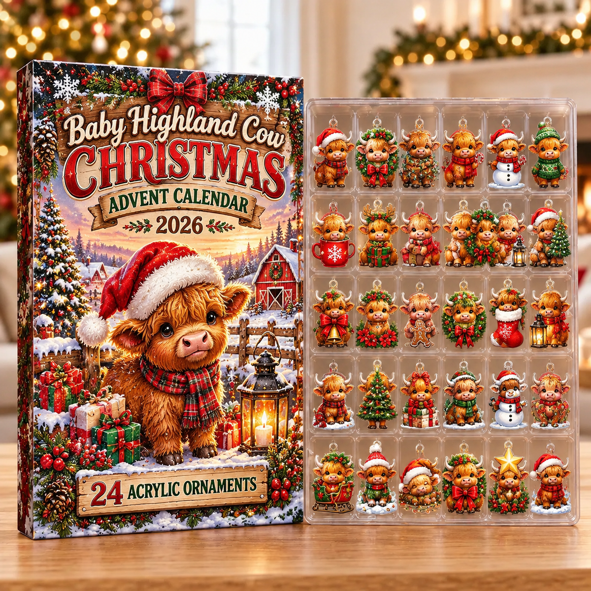 Baby Highland Cow Evergreen Advent Calendar HFN Gen Acrylic Ornaments