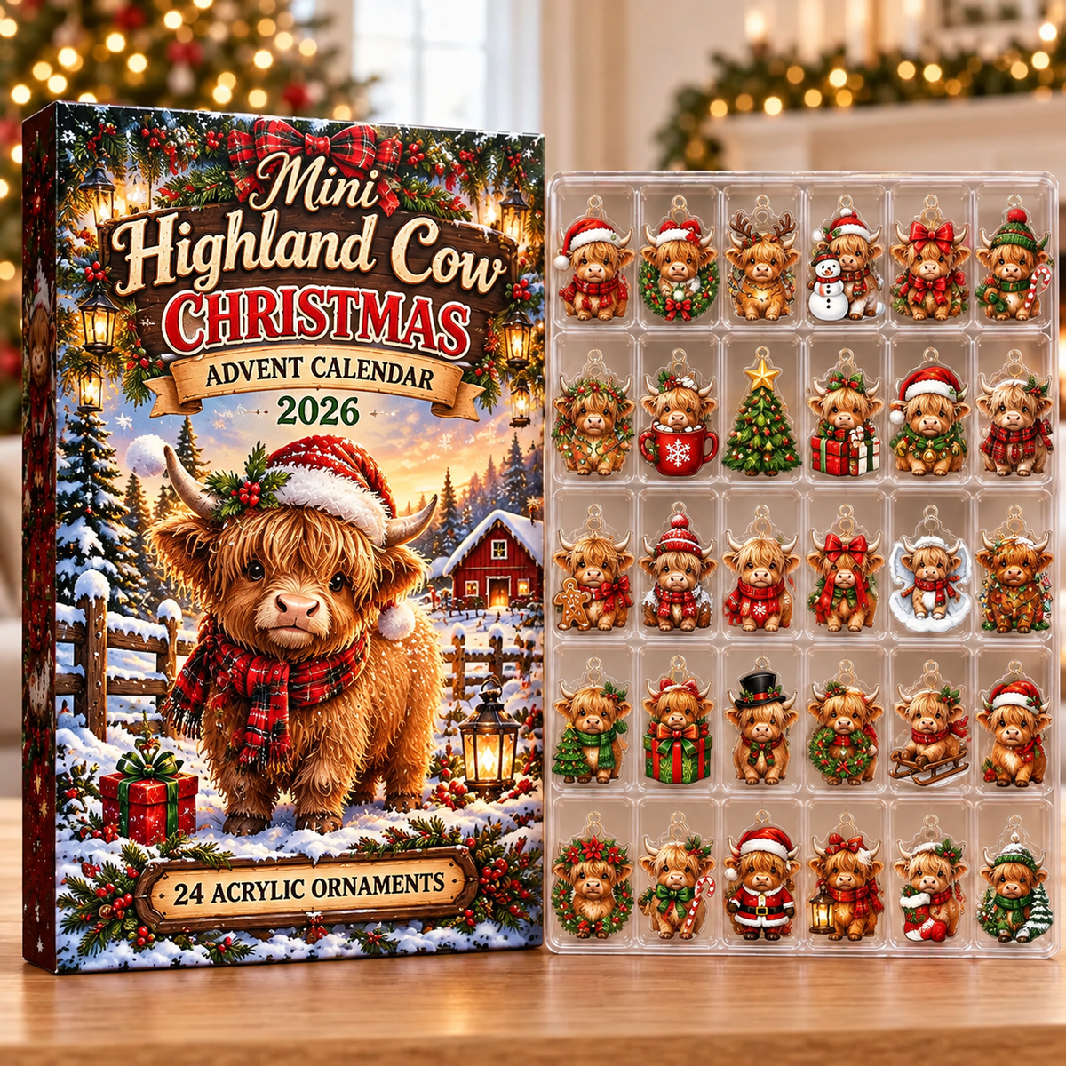 Mini Highland Cow Evergreen Advent Calendar HFN Gen Acrylic Ornaments