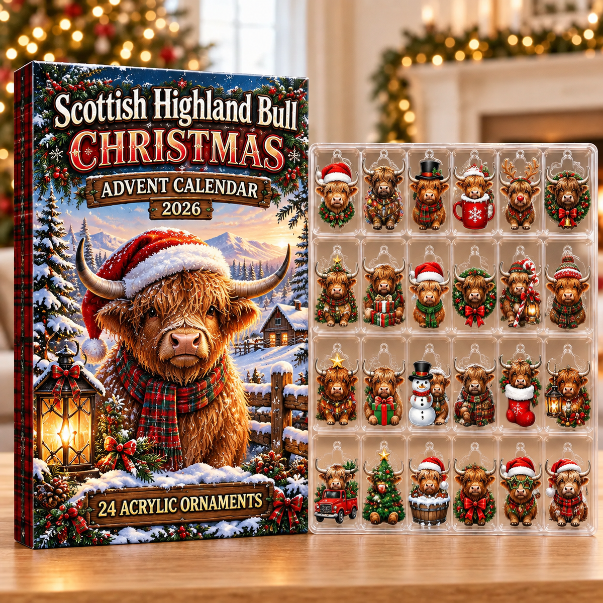 Scottish Highland Bull Evergreen Advent Calendar HFN Gen Acrylic Ornaments
