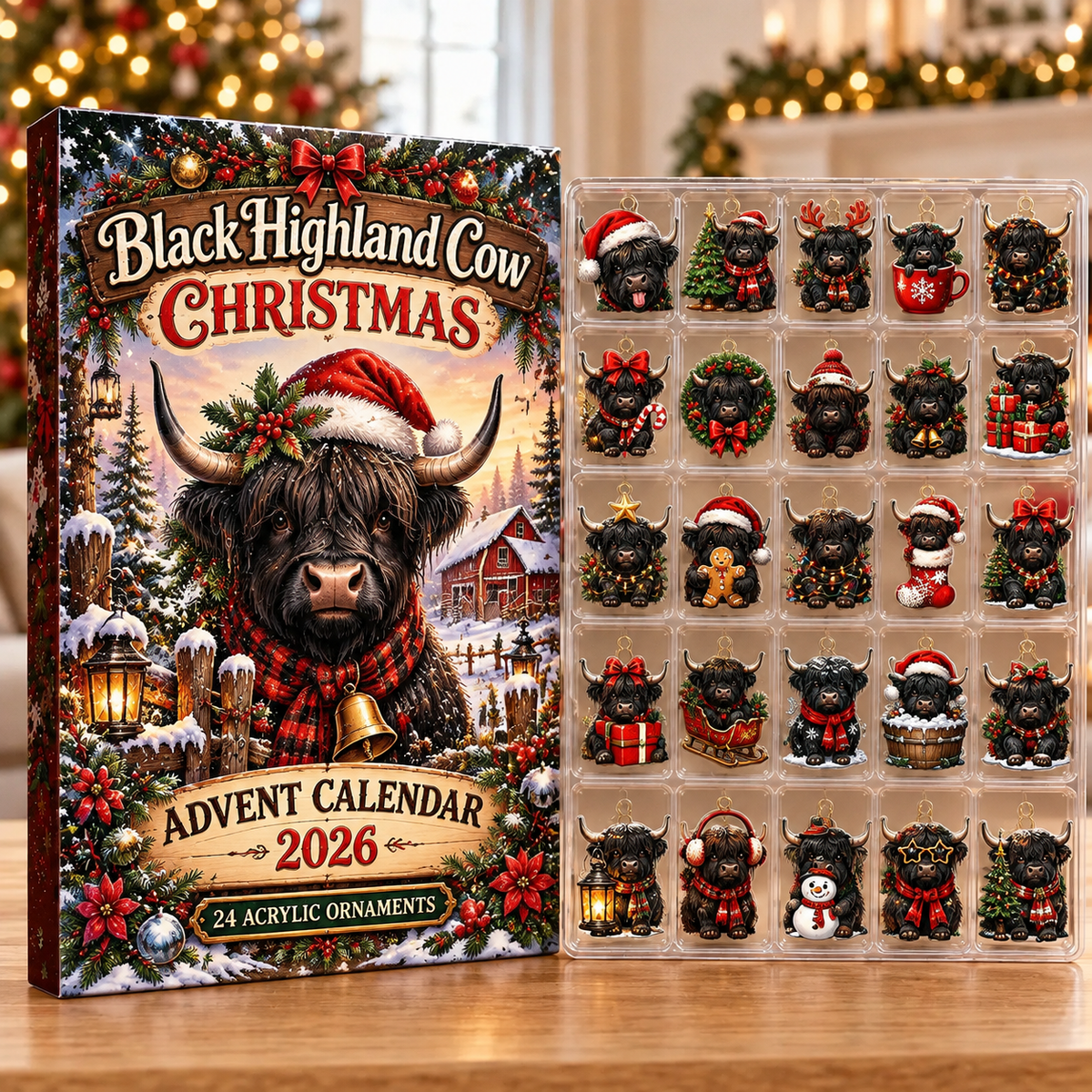 Black Highland Cow Evergreen Advent Calendar HFN Gen Acrylic Ornaments