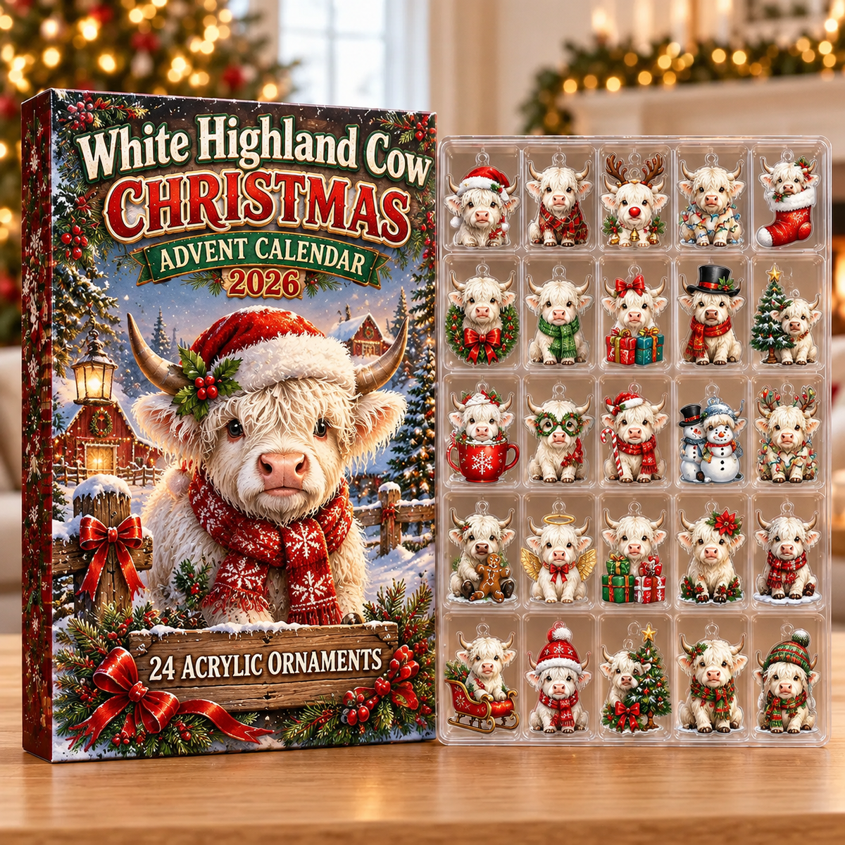 White Highland Cow Evergreen Advent Calendar HFN Gen Acrylic Ornaments