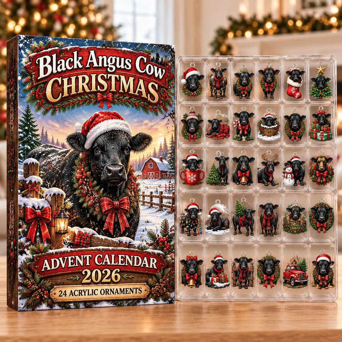 Black Angus Cow Evergreen Advent Calendar HFN Gen Acrylic Ornaments