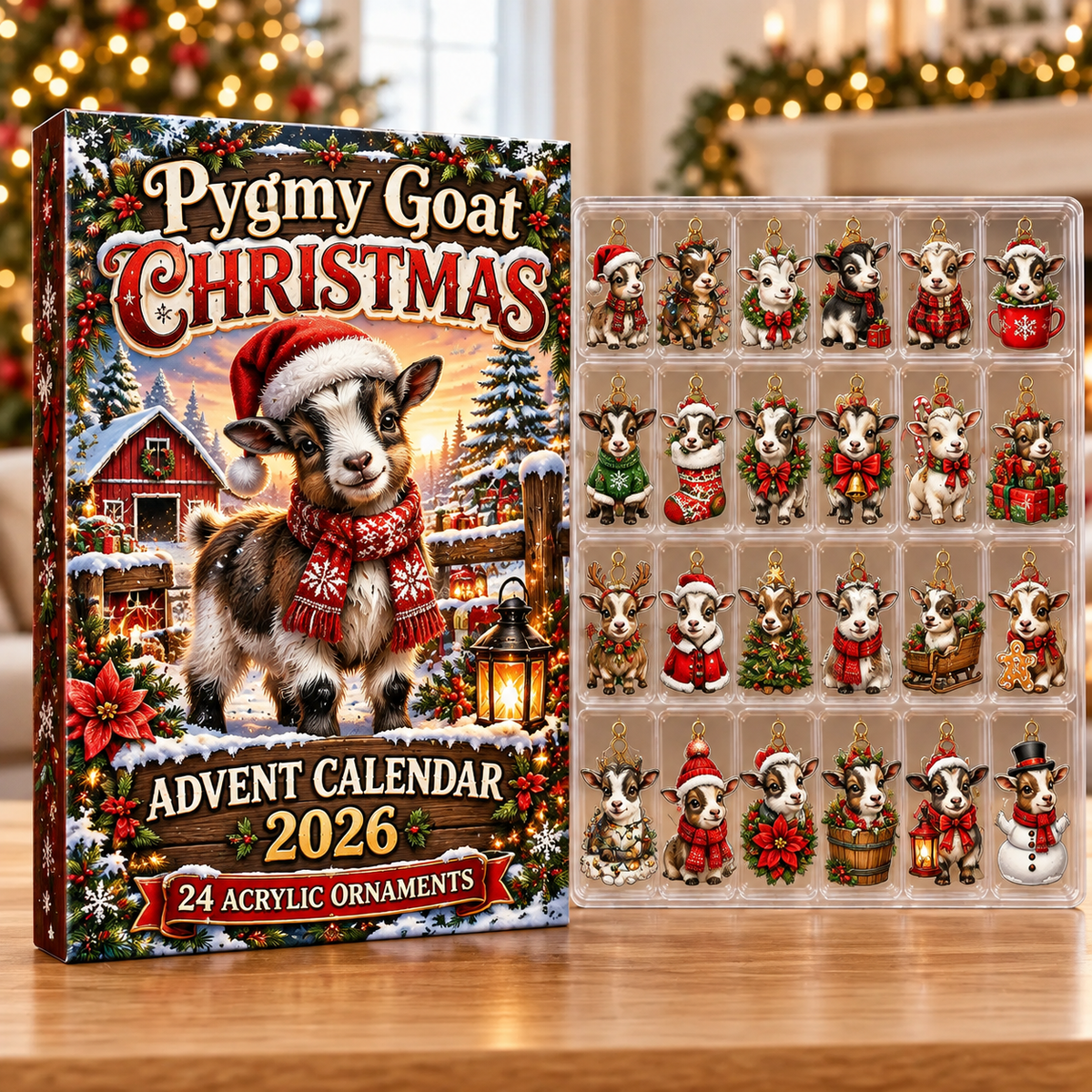 Pygmy Goat Evergreen Advent Calendar HFN Gen Acrylic Ornaments