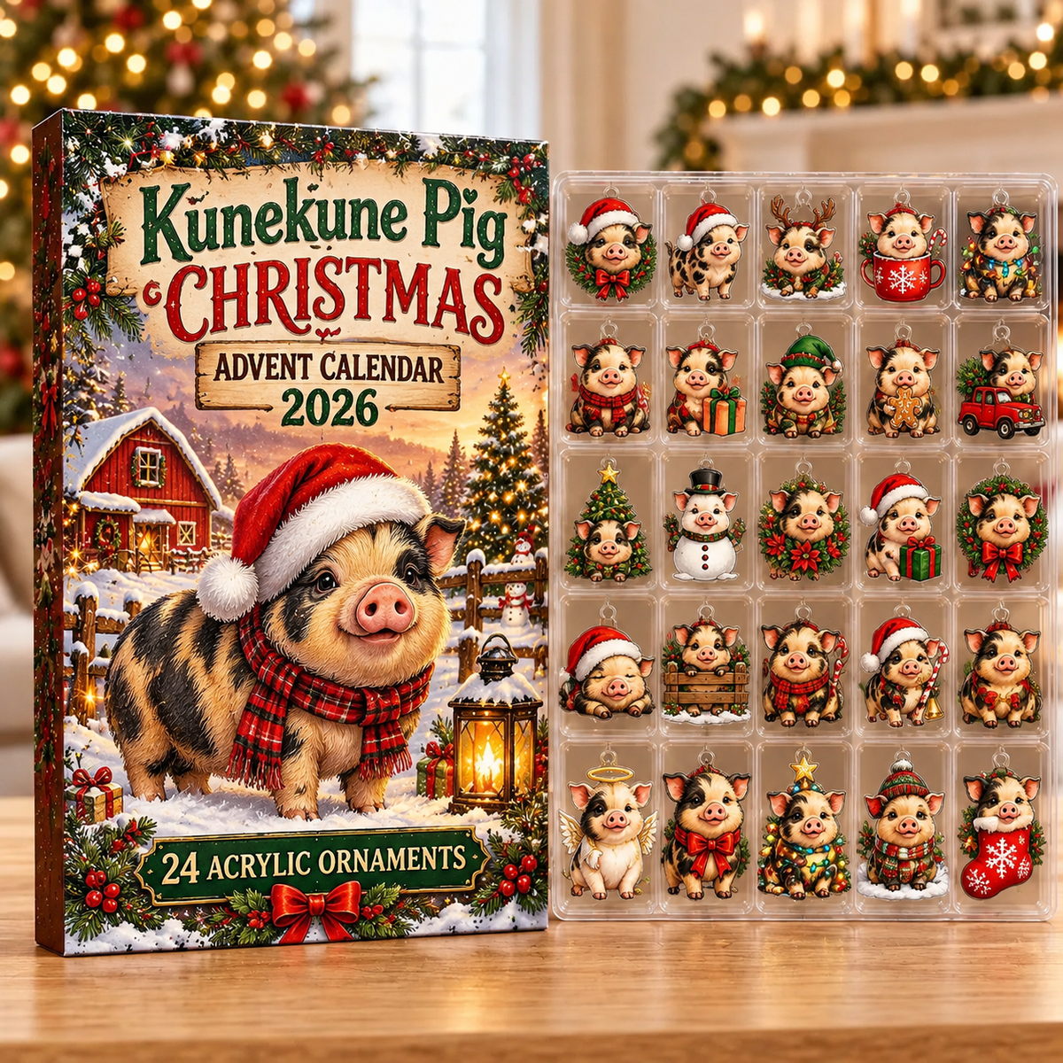 Kunekune Pig Evergreen Advent Calendar HFN Gen Acrylic Ornaments