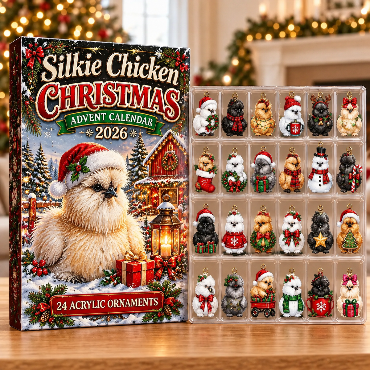 Silkie Chicken Evergreen Advent Calendar HFN Gen Acrylic Ornaments