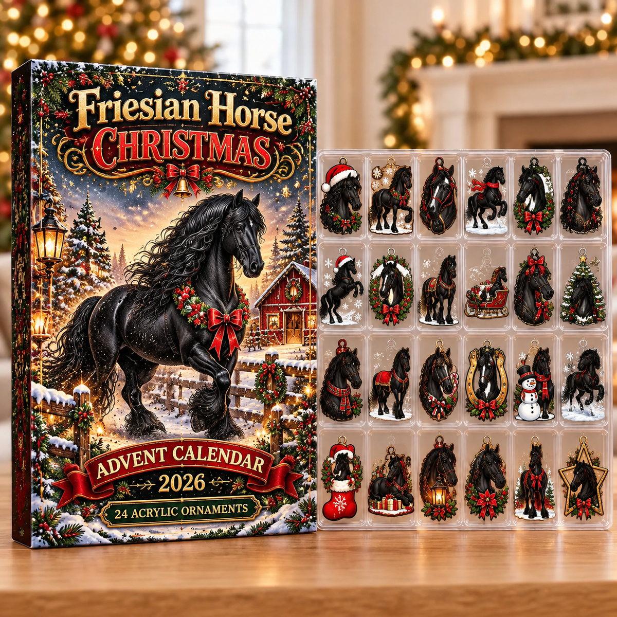 Friesian Horse Evergreen Advent Calendar HFN Gen Acrylic Ornaments, Holiday Tree Decor