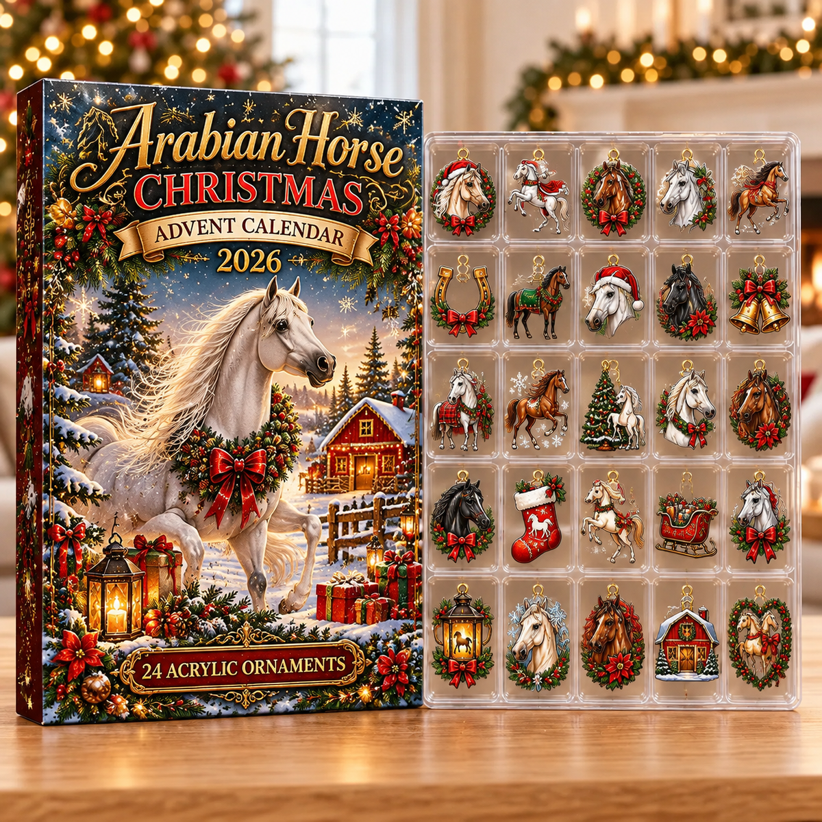 Arabian Horse Evergreen Advent Calendar HFN Gen Acrylic Ornaments, Rustic Holiday Tree Decor