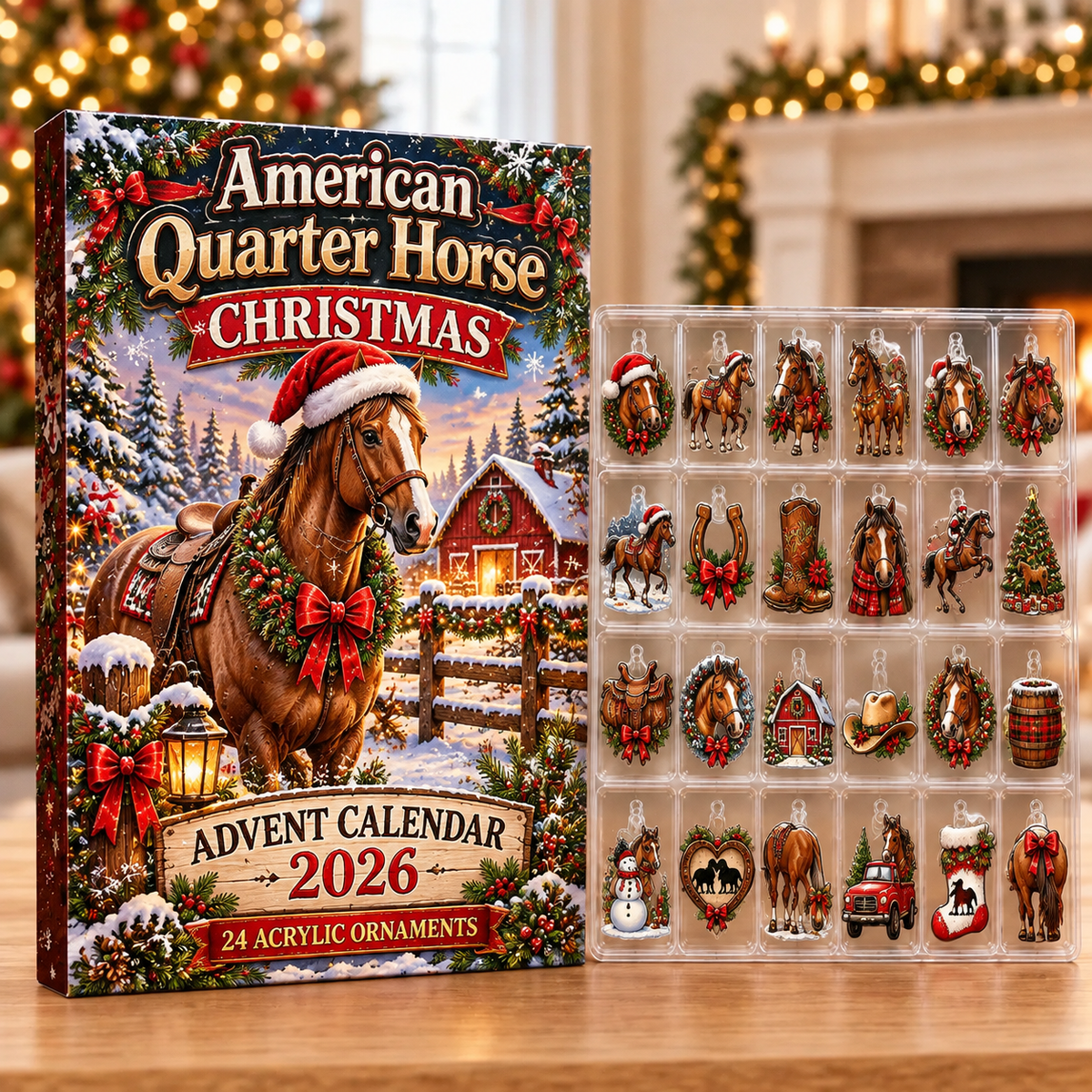 American Quarter Horse Evergreen Advent Calendar HFN Gen Acrylic Ornaments, Farmhouse Tree Decor