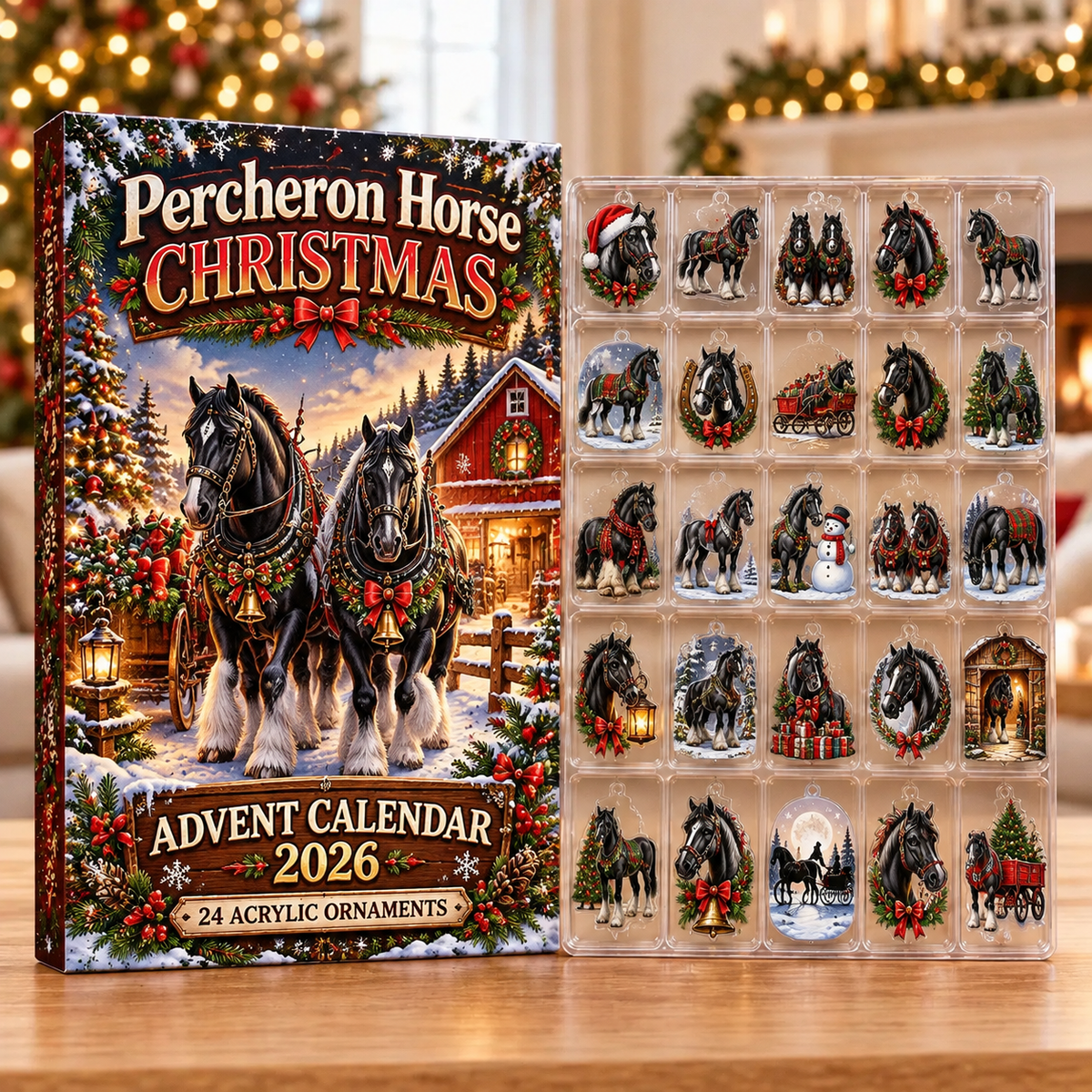 Percheron Horse Evergreen Advent Calendar HFN Gen Acrylic Ornaments, Draft Breed Christmas Tree Decor