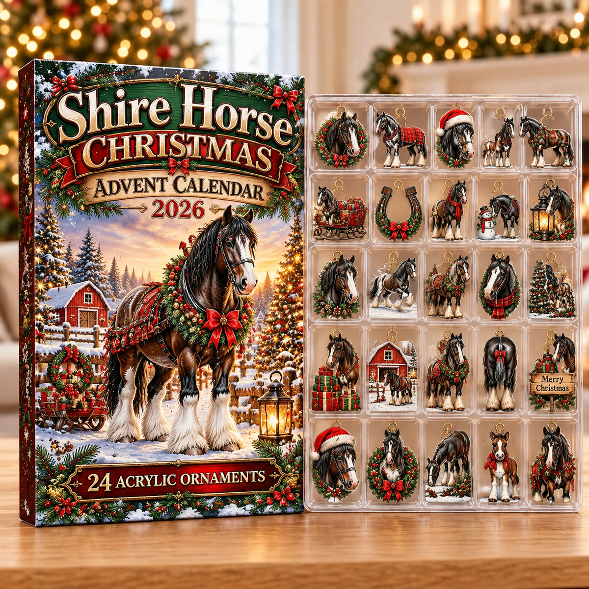 Shire Horse Evergreen Advent Calendar HFN Gen Acrylic Ornaments, Majestic Farm Holiday Tree Decor