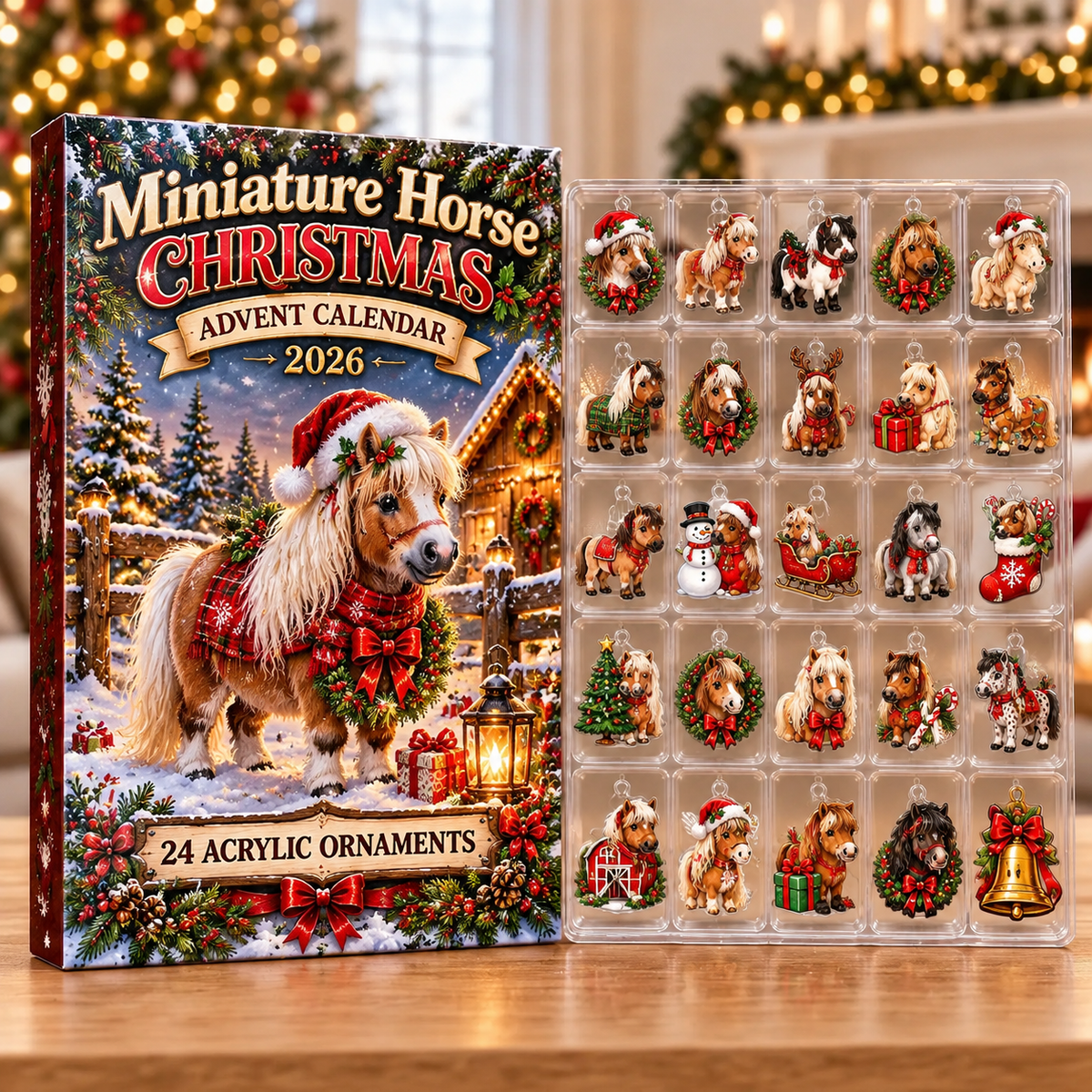 Miniature Horse Evergreen Advent Calendar HFN Gen Acrylic Ornaments, Cute Christmas Tree Decor