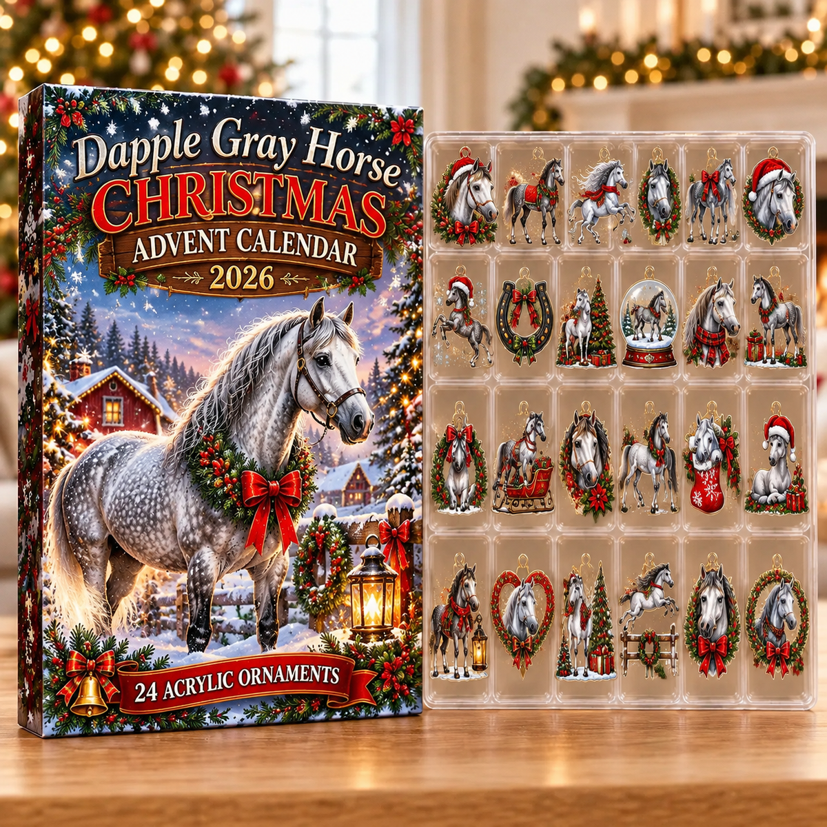 Dapple Gray Horse Evergreen Advent Calendar HFN Gen Acrylic Ornaments, Elegant Winter Tree Decor