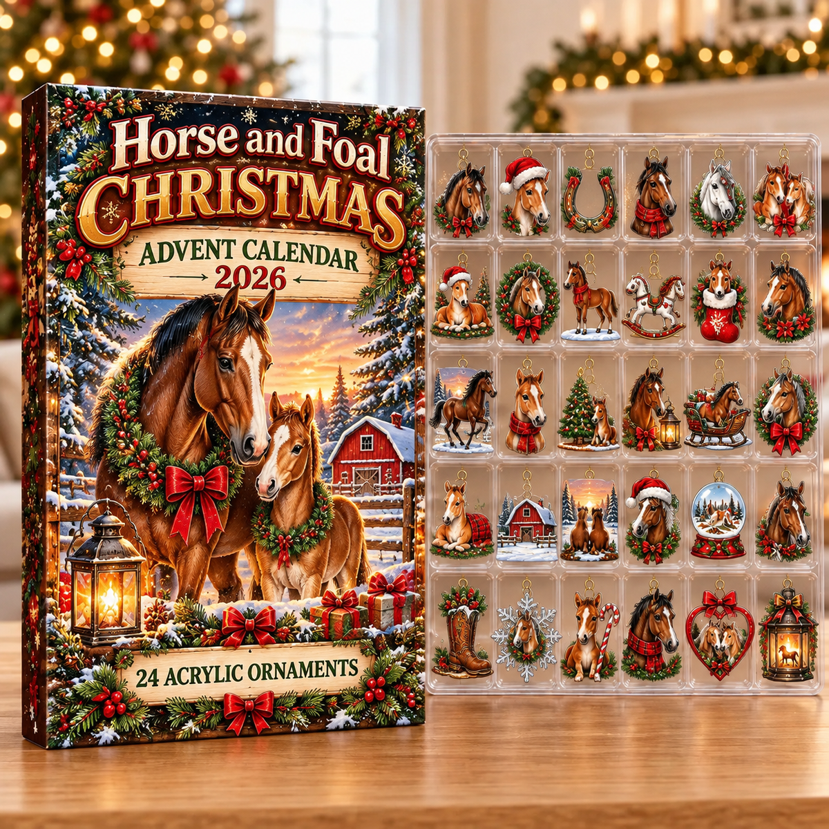 Horse and Foal Evergreen Advent Calendar HFN Gen Acrylic Ornaments, Family Christmas Tree Decor