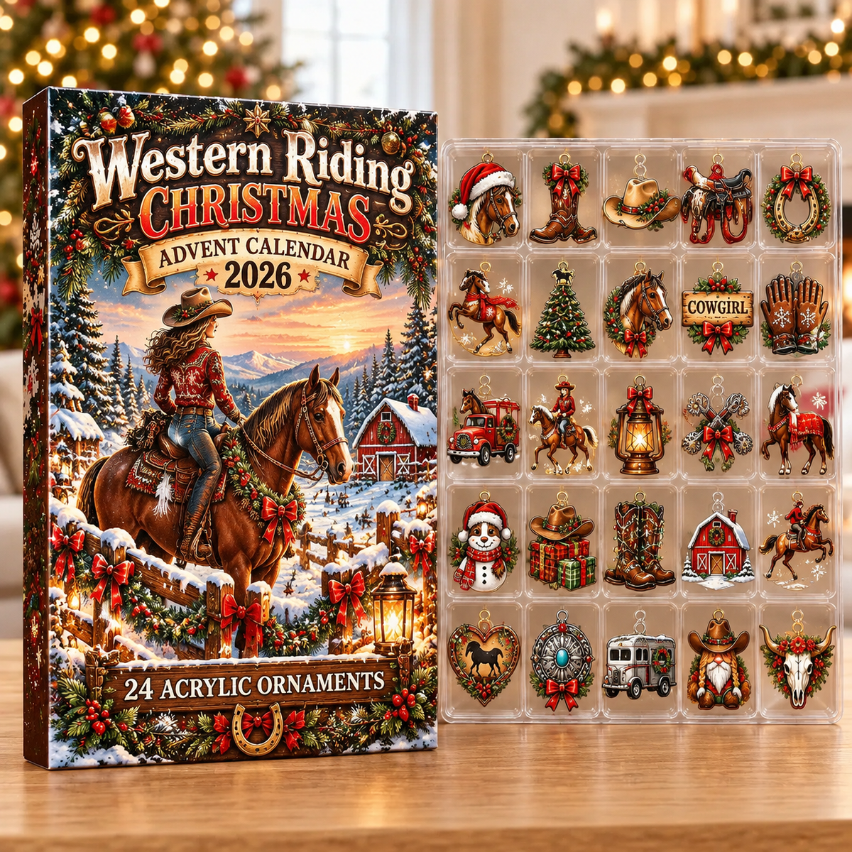 Western Riding Evergreen Advent Calendar HFN Gen Acrylic Ornaments, Cowboy Christmas Tree Decor