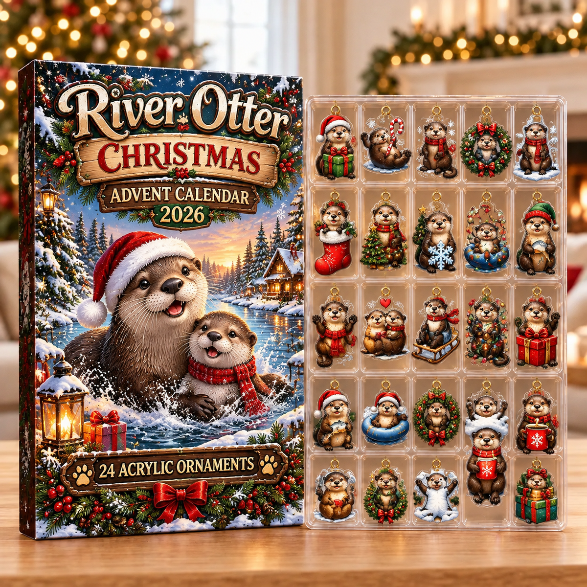 River Otter Evergreen Advent Calendar HFN Gen Acrylic Ornaments, Woodland Wildlife Holiday Tree Decorations