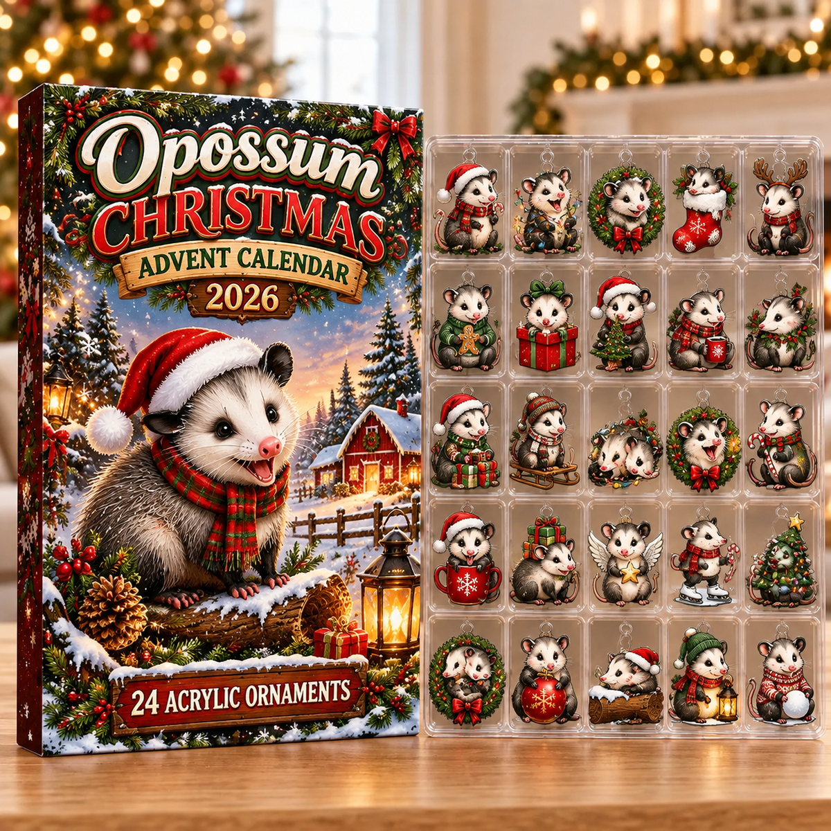 Opossum Evergreen Advent Calendar HFN Gen Acrylic Ornaments, Cute Wildlife Holiday Tree Hanging Decorations