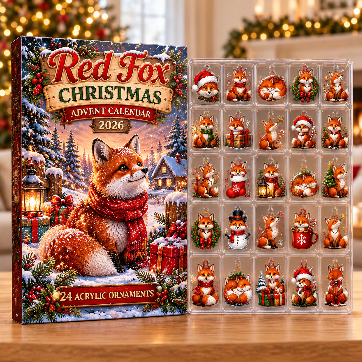 Red Fox Evergreen Advent Calendar HFN Gen Acrylic Ornaments, Woodland Animal Christmas Tree Hanging Decor