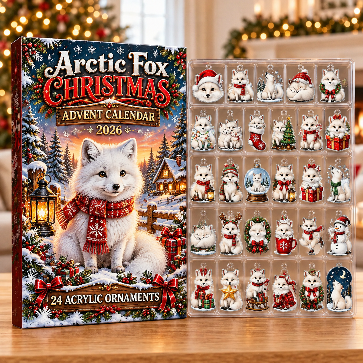 Arctic Fox Evergreen Advent Calendar HFN Gen Acrylic Ornaments, Winter Wildlife Christmas Tree Hanging Decor