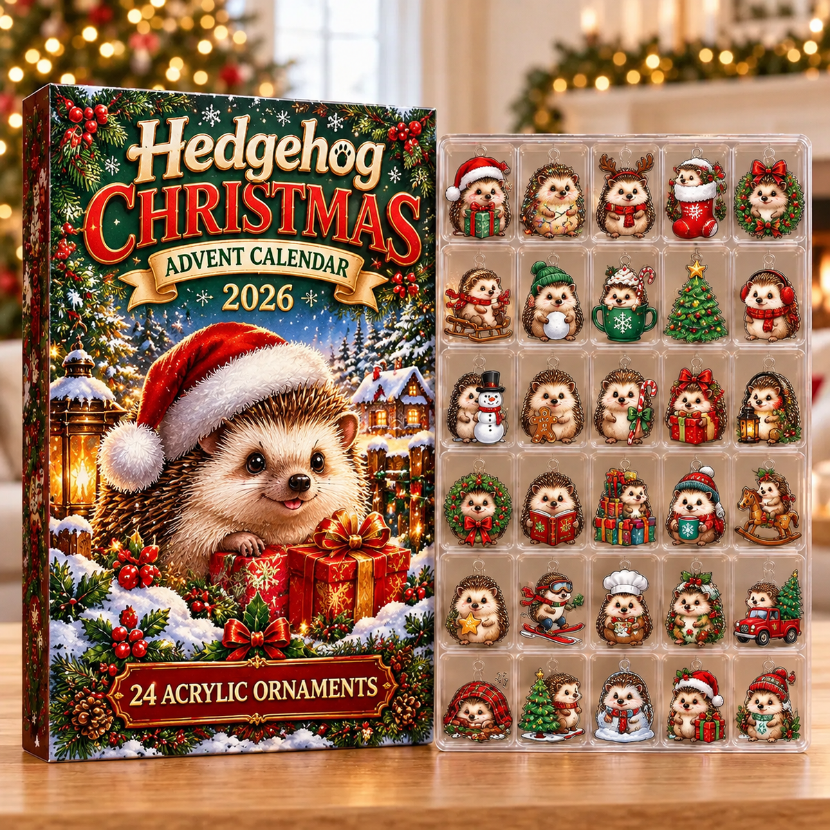 Hedgehog Evergreen Advent Calendar HFN Gen Acrylic Ornaments, Cute Woodland Animal Christmas Tree Decorations