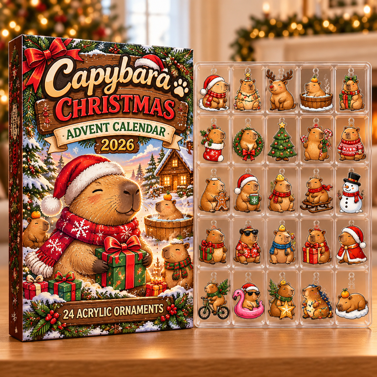 Capybara Evergreen Advent Calendar HFN Gen Acrylic Ornaments, Adorable Wildlife Christmas Tree Hanging Decor