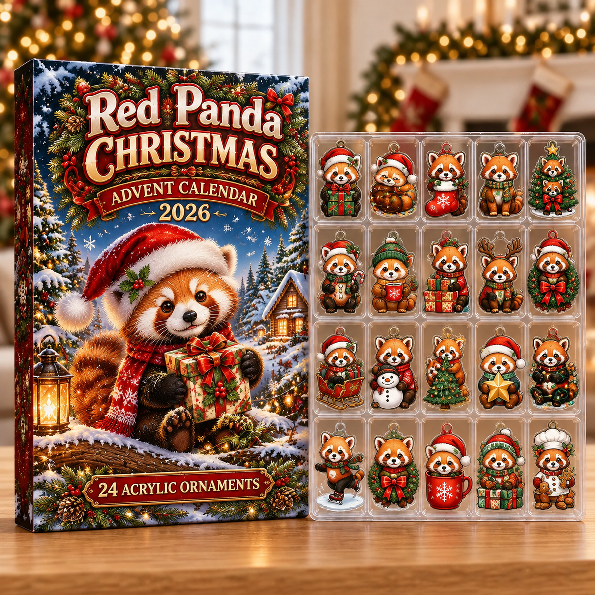 Red Panda Evergreen Advent Calendar HFN Gen Acrylic Ornaments, Cute Forest Animal Christmas Tree Hanging Decor
