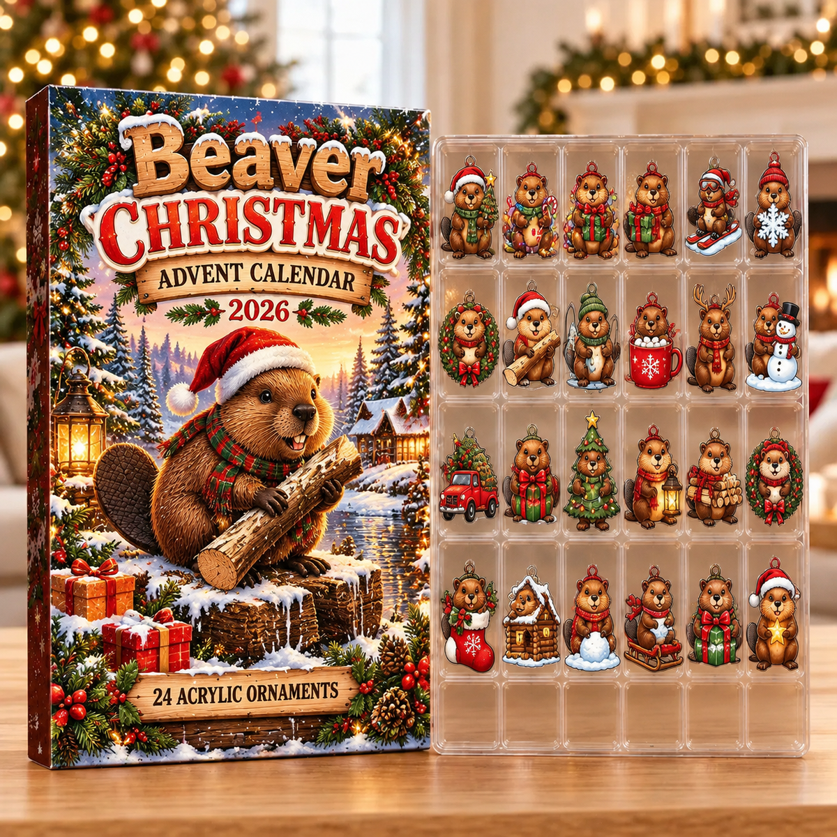 Beaver Evergreen Advent Calendar HFN Gen Acrylic Ornaments, Rustic Woodland Wildlife Christmas Tree Decorations