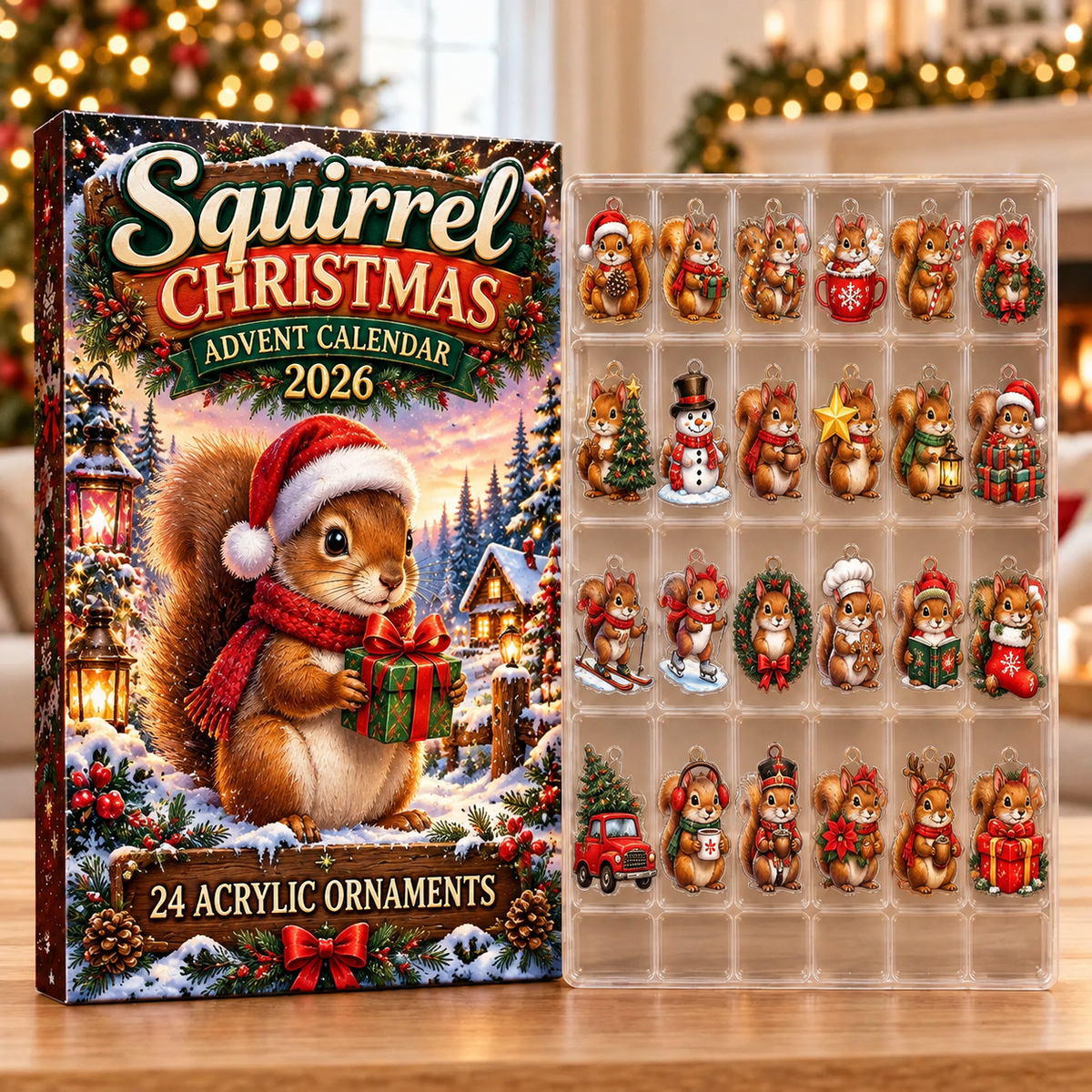 Squirrel Evergreen Advent Calendar HFN Gen Acrylic Ornaments, Forest Wildlife Christmas Tree Hanging Decorations