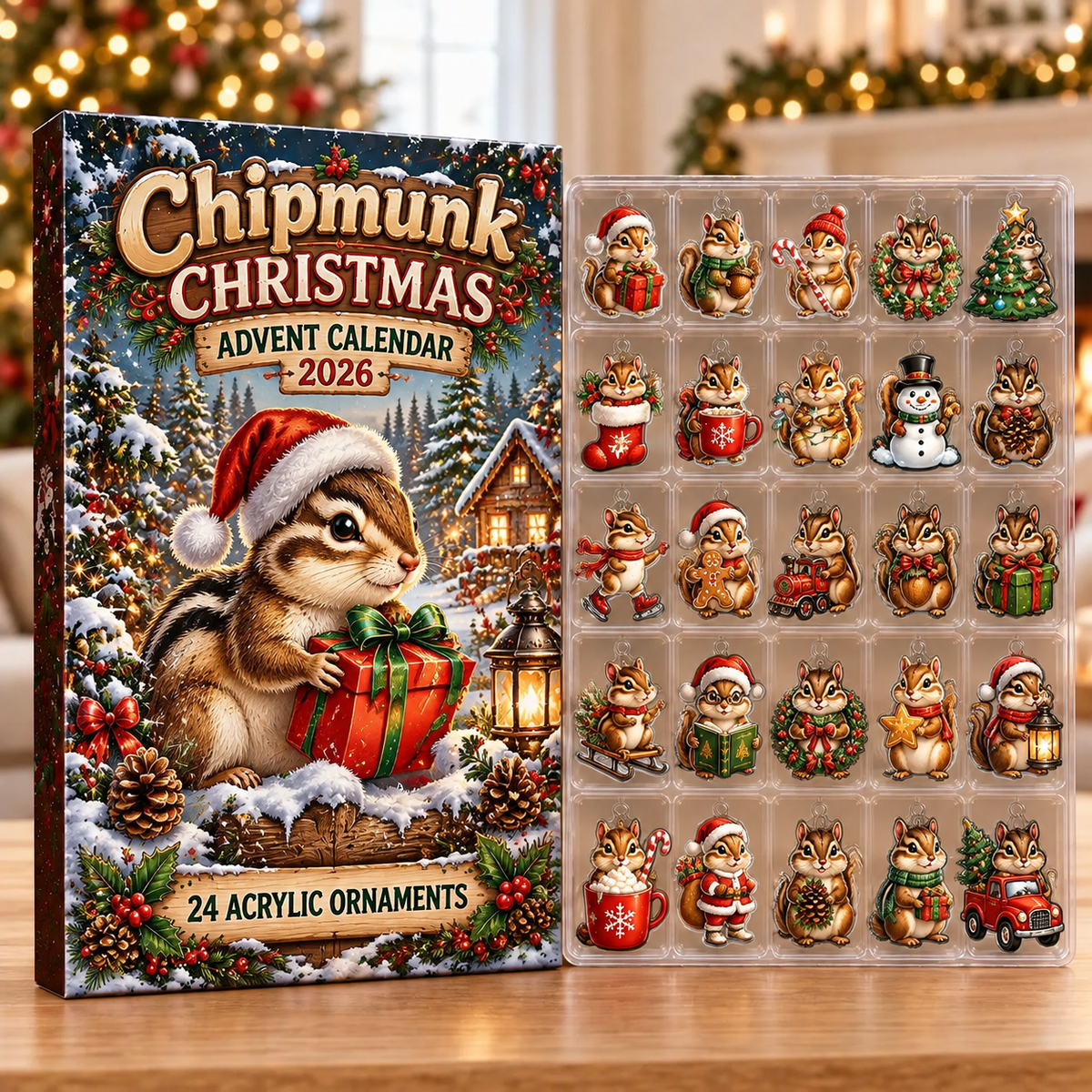 Chipmunk Evergreen Advent Calendar HFN Gen Acrylic Ornaments, Cute Woodland Christmas Tree Hanging Decor