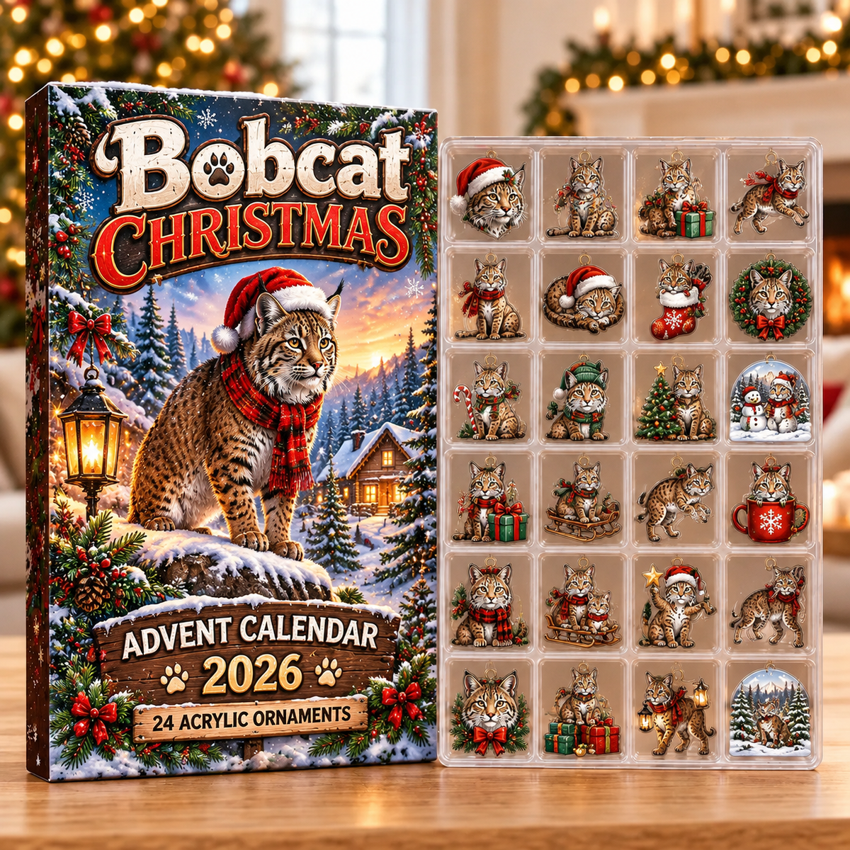 Bobcat Evergreen Advent Calendar HFN Gen Acrylic Ornaments, Wild Forest Animal Christmas Tree Hanging Decorations