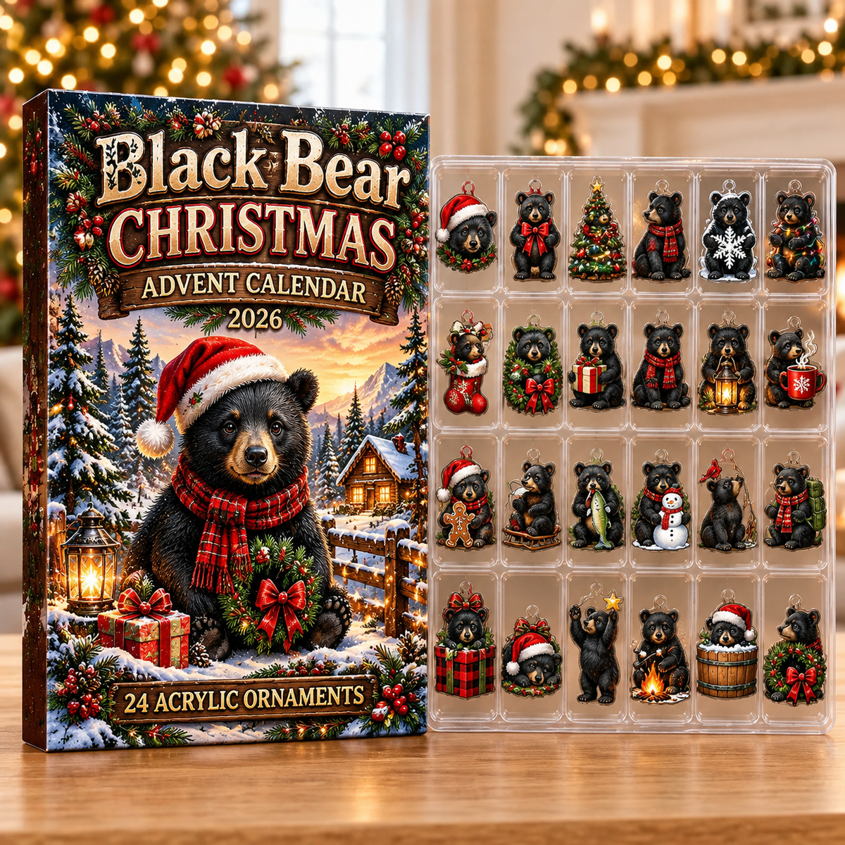 Black Bear Evergreen Advent Calendar HFN Gen Acrylic Ornaments, Rustic Woodland Christmas Tree Hanging Decor