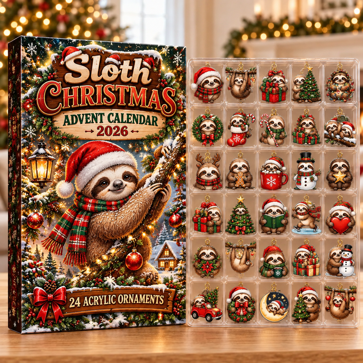 Sloth Evergreen Advent Calendar HFN Gen Acrylic Ornaments, Cute Tropical Wildlife Christmas Tree Hanging Decor