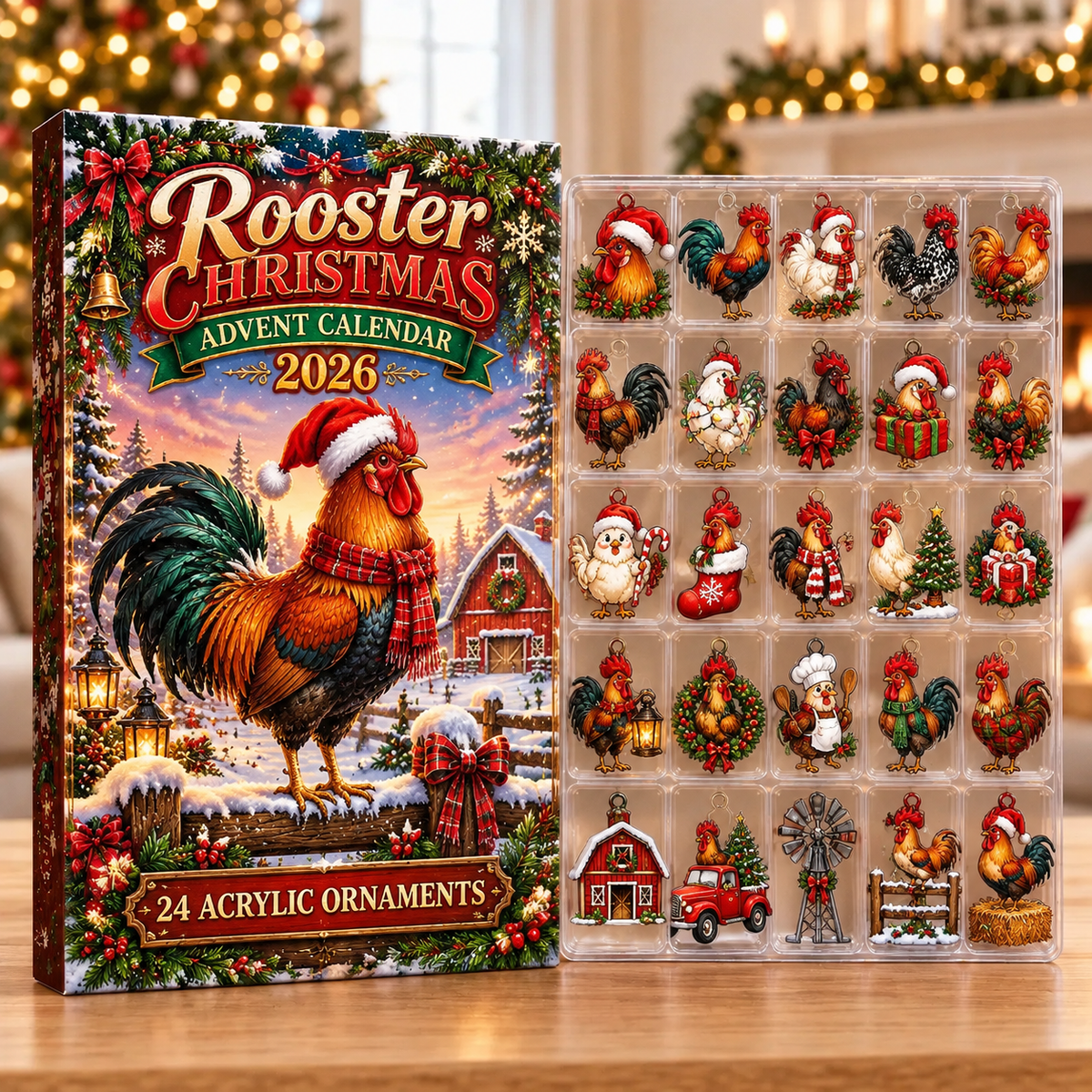 Rooster Evergreen Advent Calendar HFN Gen Acrylic Ornaments