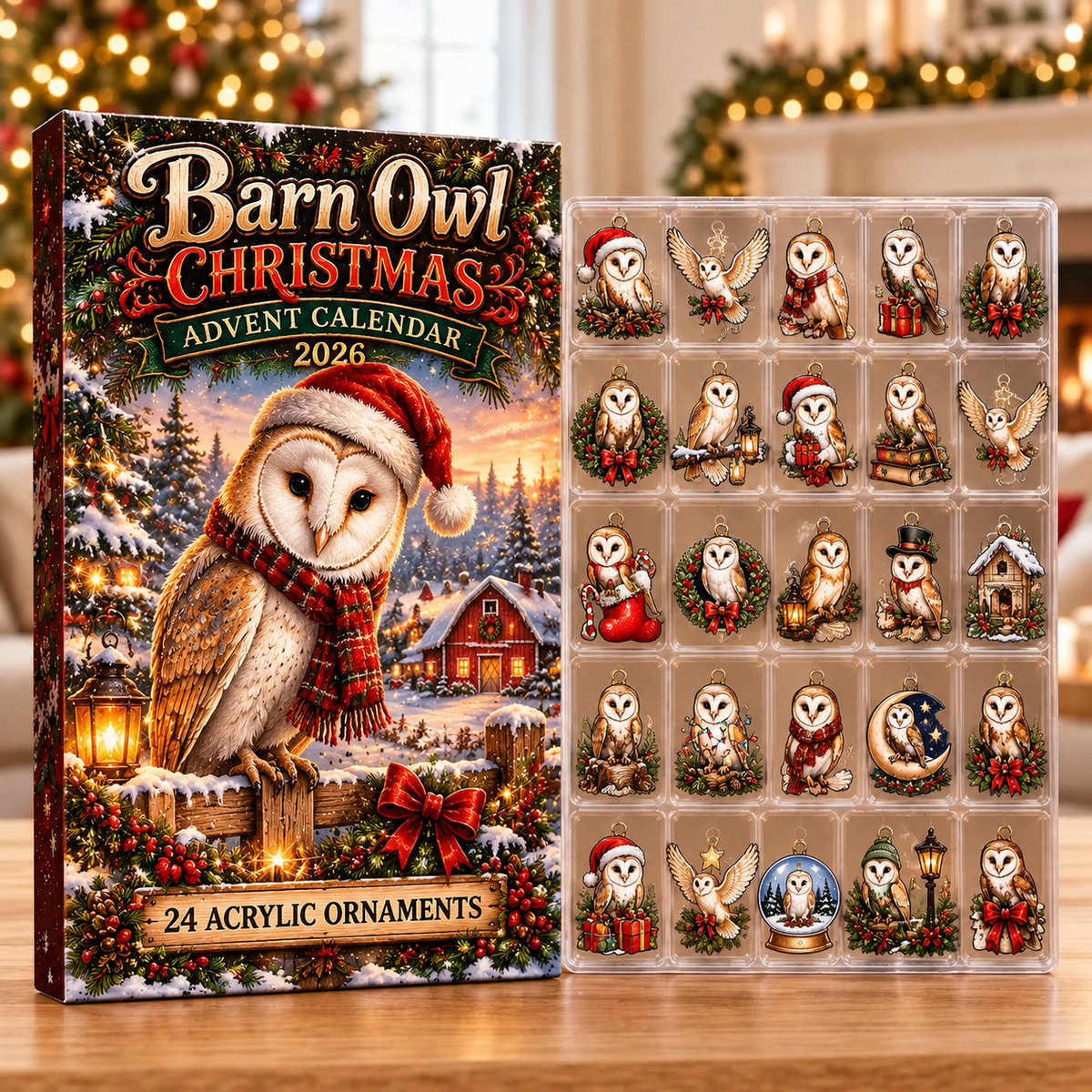Barn Owl Evergreen Advent Calendar HFN Gen Acrylic Ornaments
