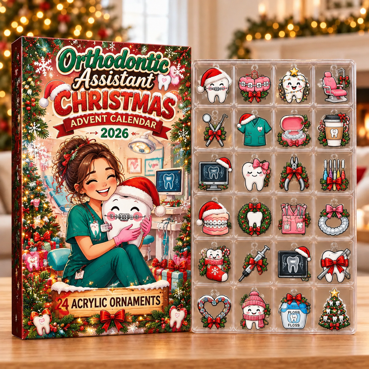 Orthodontic Assistant Evergreen Advent Calendar HFN Gen Acrylic Ornaments, Holiday Tree Decoration