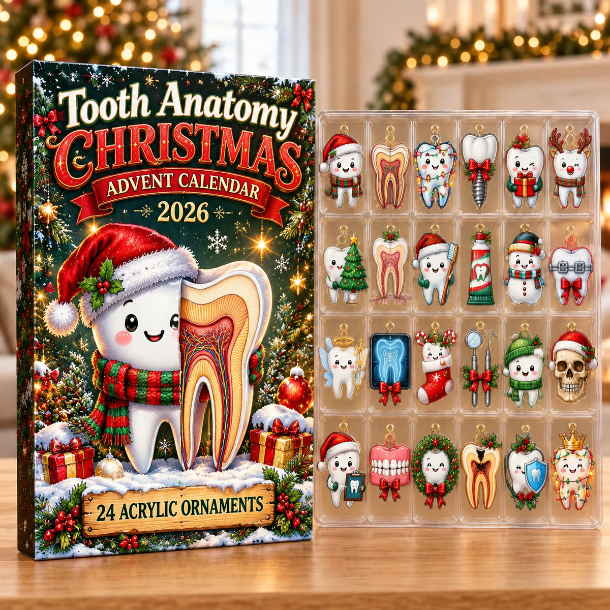 Tooth Anatomy Evergreen Advent Calendar HFN Gen Acrylic Ornaments, Dental Christmas Tree Decor