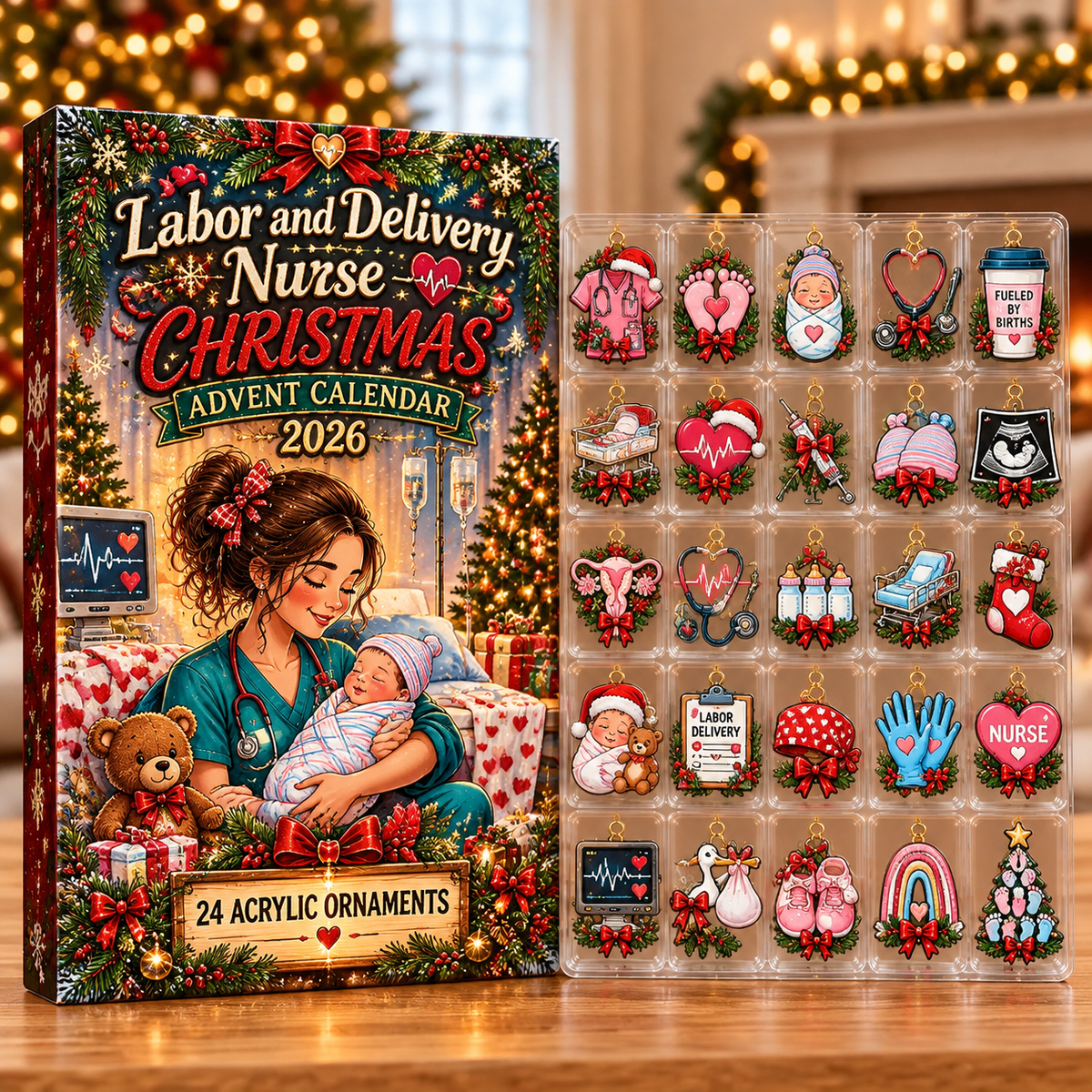 Labor And Delivery Nurse Evergreen Advent Calendar HFN Gen Acrylic Ornaments, Christmas Tree Decor