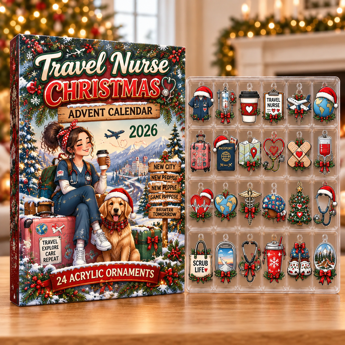 Travel Nurse Evergreen Advent Calendar HFN Gen Acrylic Ornaments, Holiday Tree Decoration Gift