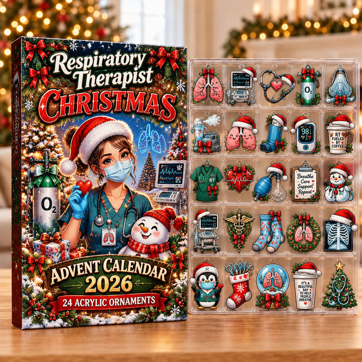 Respiratory Therapist Evergreen Advent Calendar HFN Gen Acrylic Ornaments, Christmas Tree Decor Gift