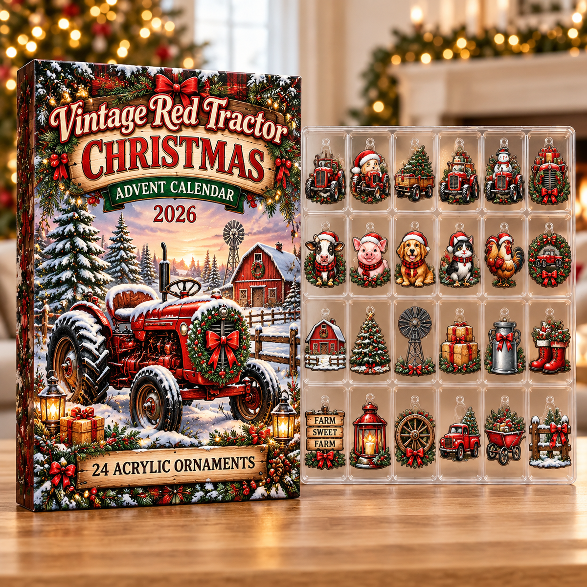 Vintage Red Tractor Evergreen Advent Calendar HFN Gen Acrylic Ornaments