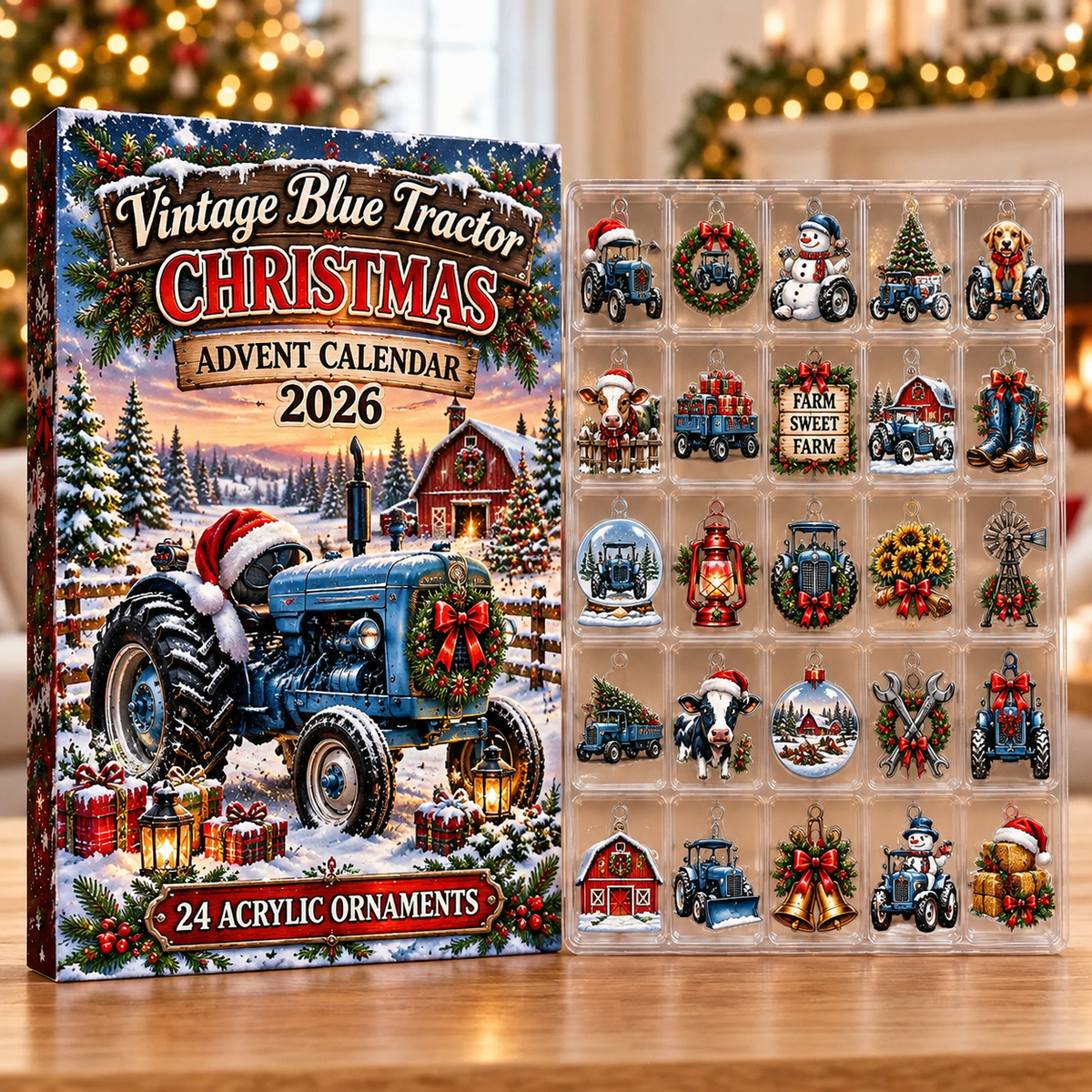 Vintage Blue Tractor Evergreen Advent Calendar HFN Gen Acrylic Ornaments