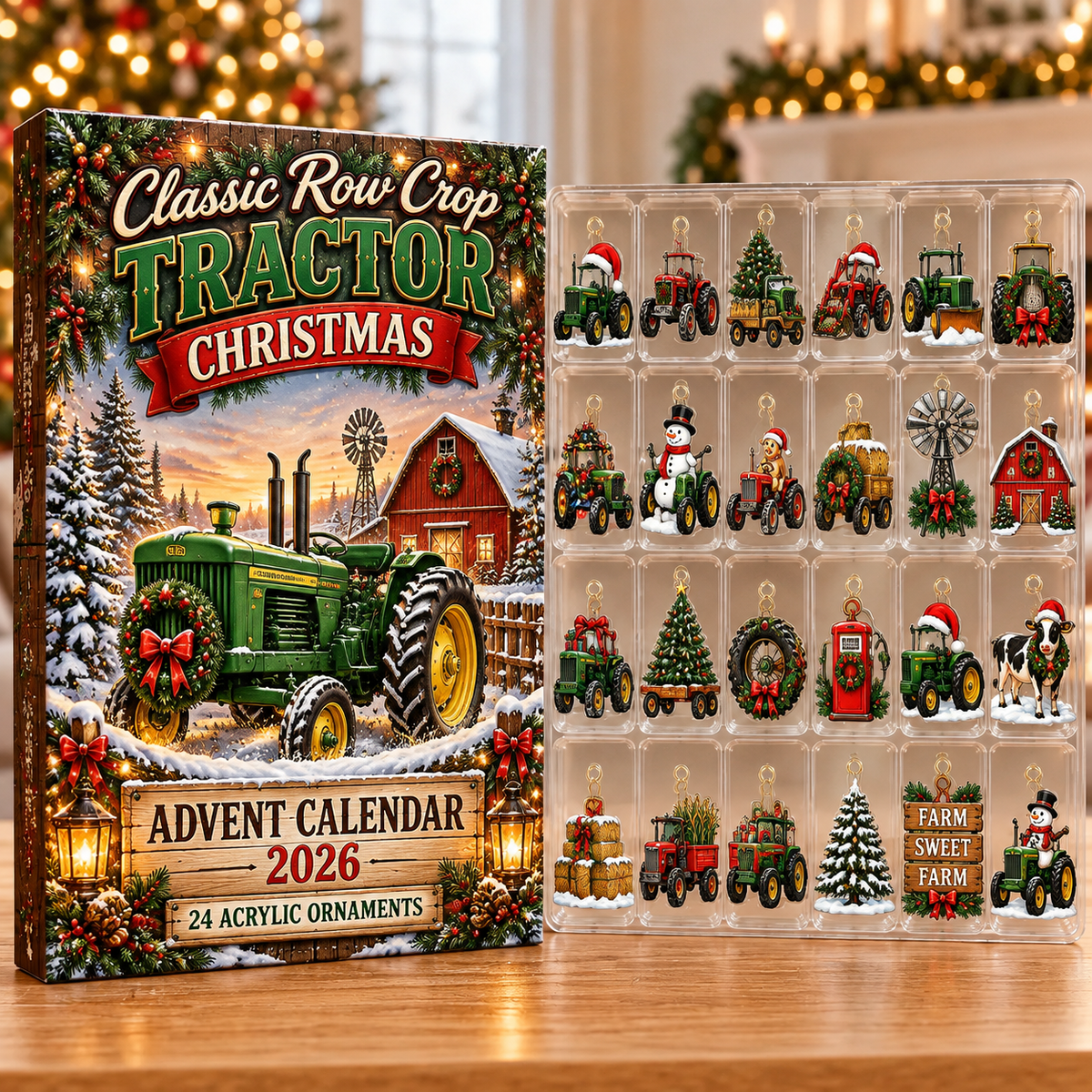Classic Row Crop Tractor Evergreen Advent Calendar HFN Gen Acrylic Ornaments